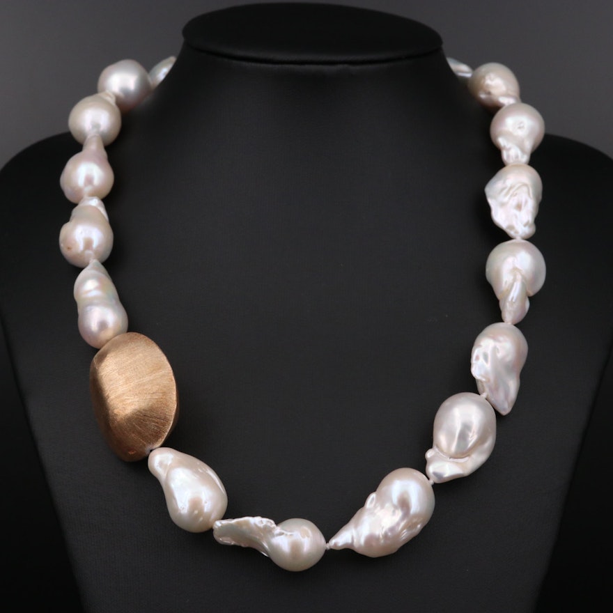 Hand Knotted Pearl and Rhinestone Necklace with Sterling Silver Pendant