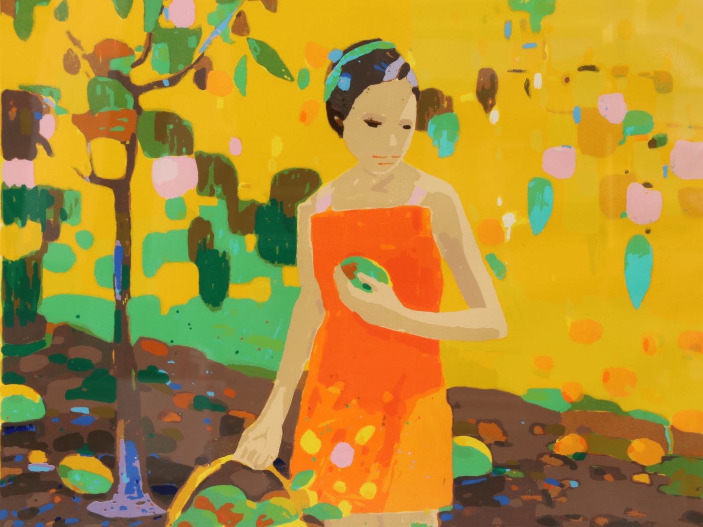 Jen Pang Serigraph "Girl with Fruit"