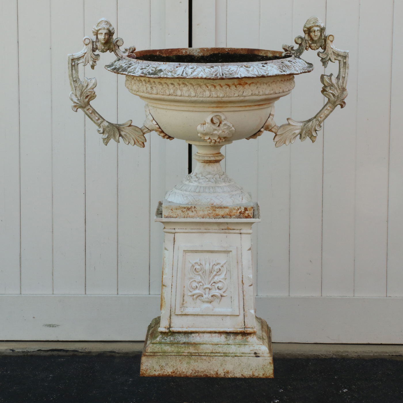 Painted Cast Iron Garden Urn with Figural Handles, Antique