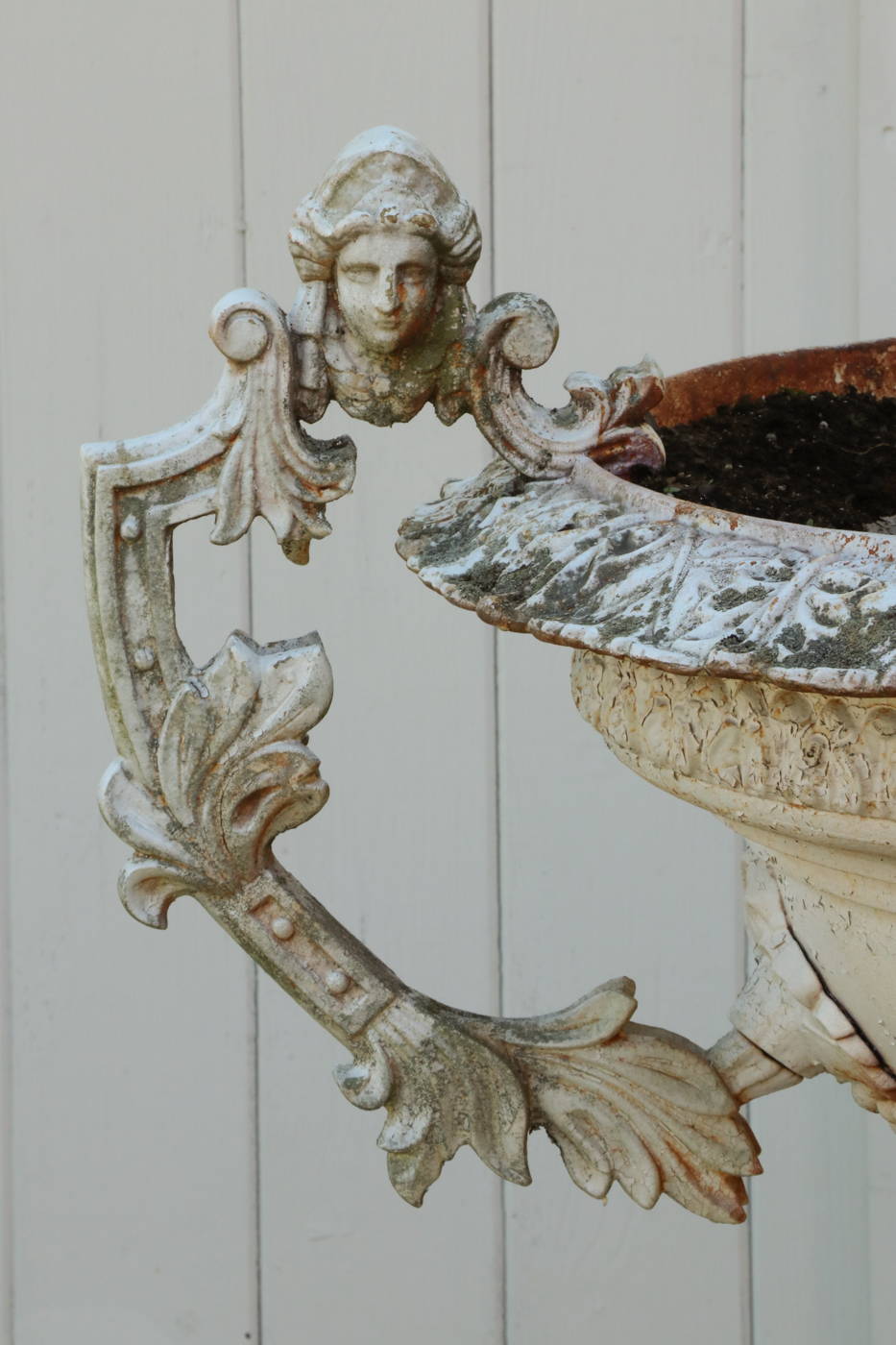 Painted Cast Iron Garden Urn with Figural Handles, Antique