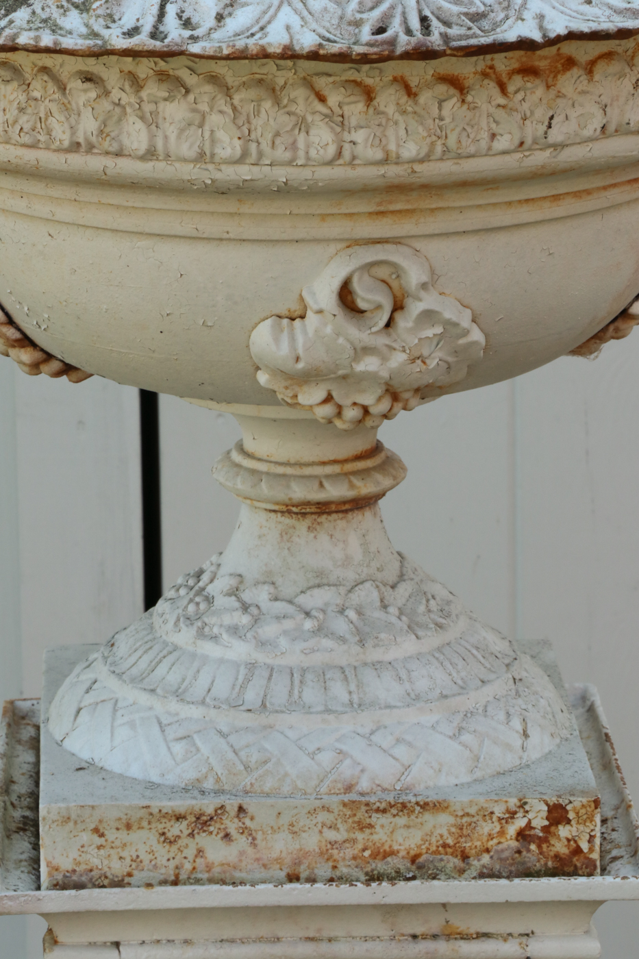 Painted Cast Iron Garden Urn with Figural Handles, Antique