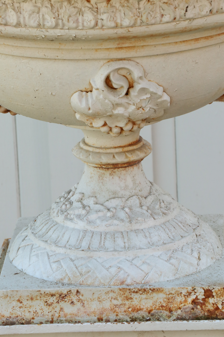 Painted Cast Iron Garden Urn with Figural Handles, Antique