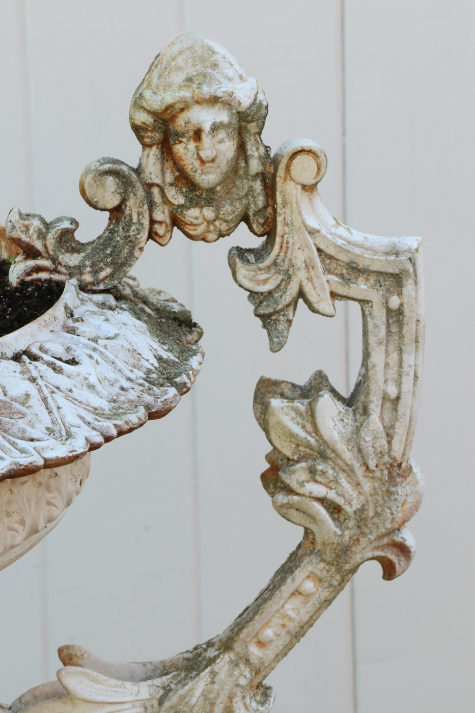 Painted Cast Iron Garden Urn with Figural Handles, Antique