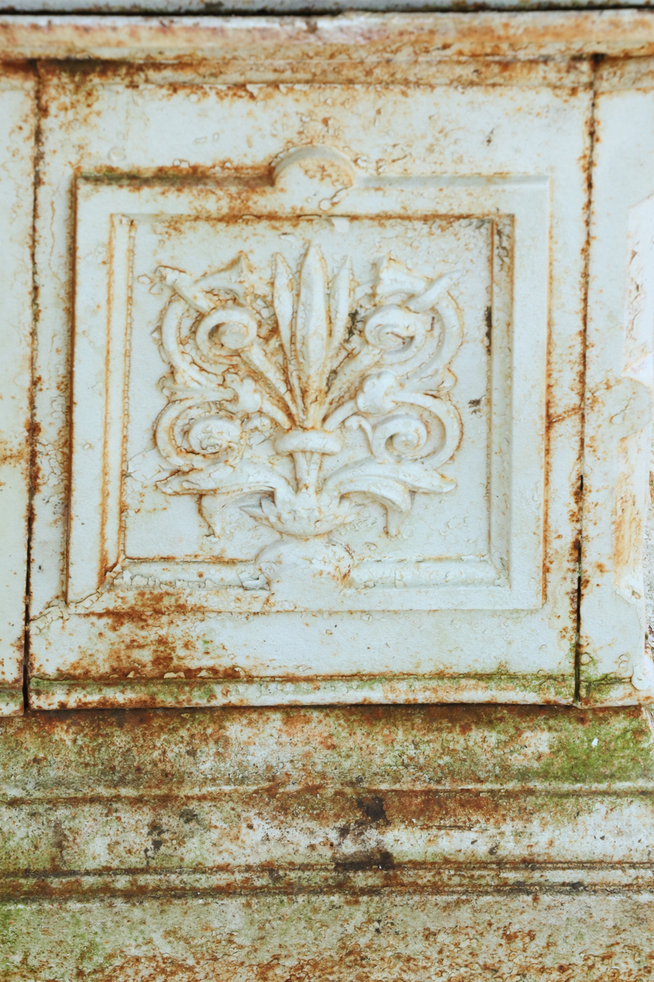 Painted Cast Iron Garden Urn with Figural Handles, Antique