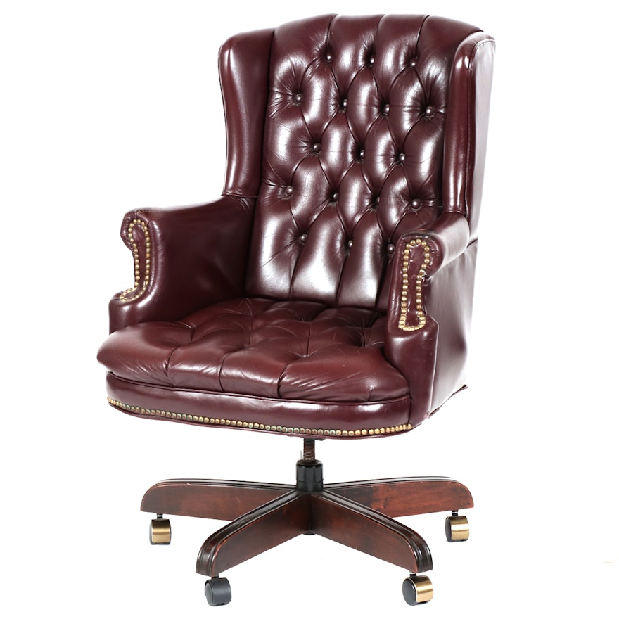 Button-Tufted Leather Wingback Rolling Desk Armchair