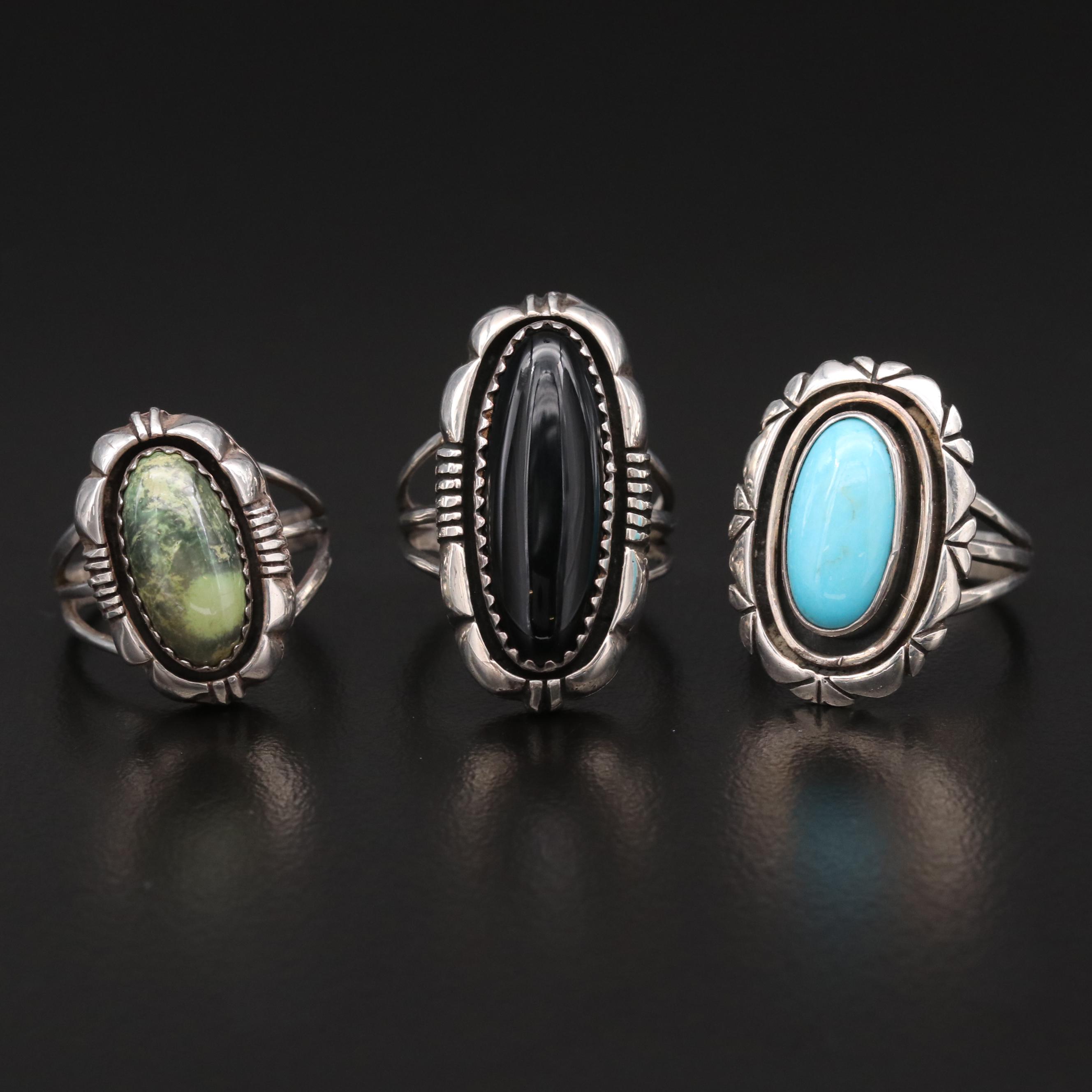 Leslie Yazzie Navajo Diné Shadow Box Rings with Turquoise and Black Onyx