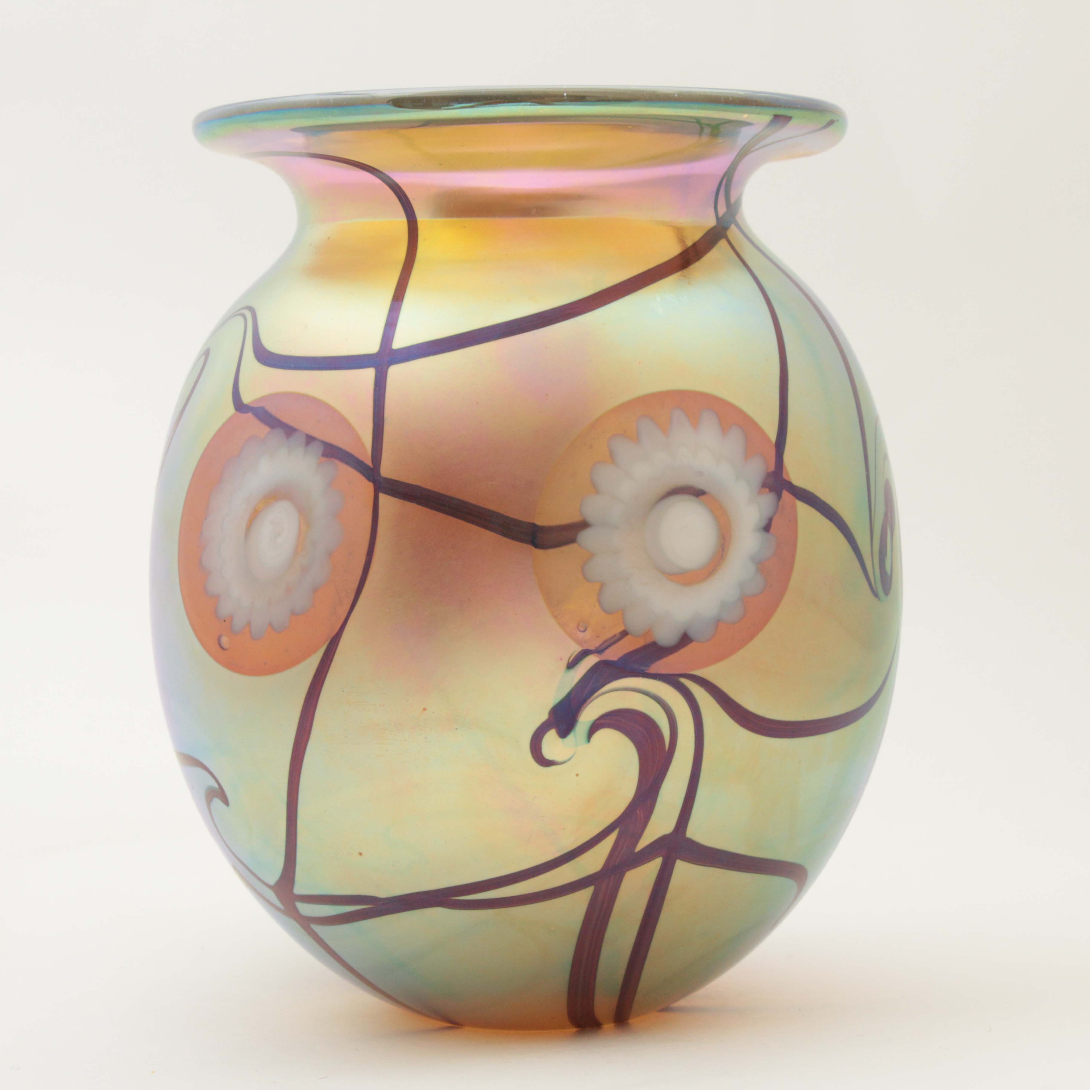 Robert Eickholt Hand Blown Iridescent Art Glass Vase