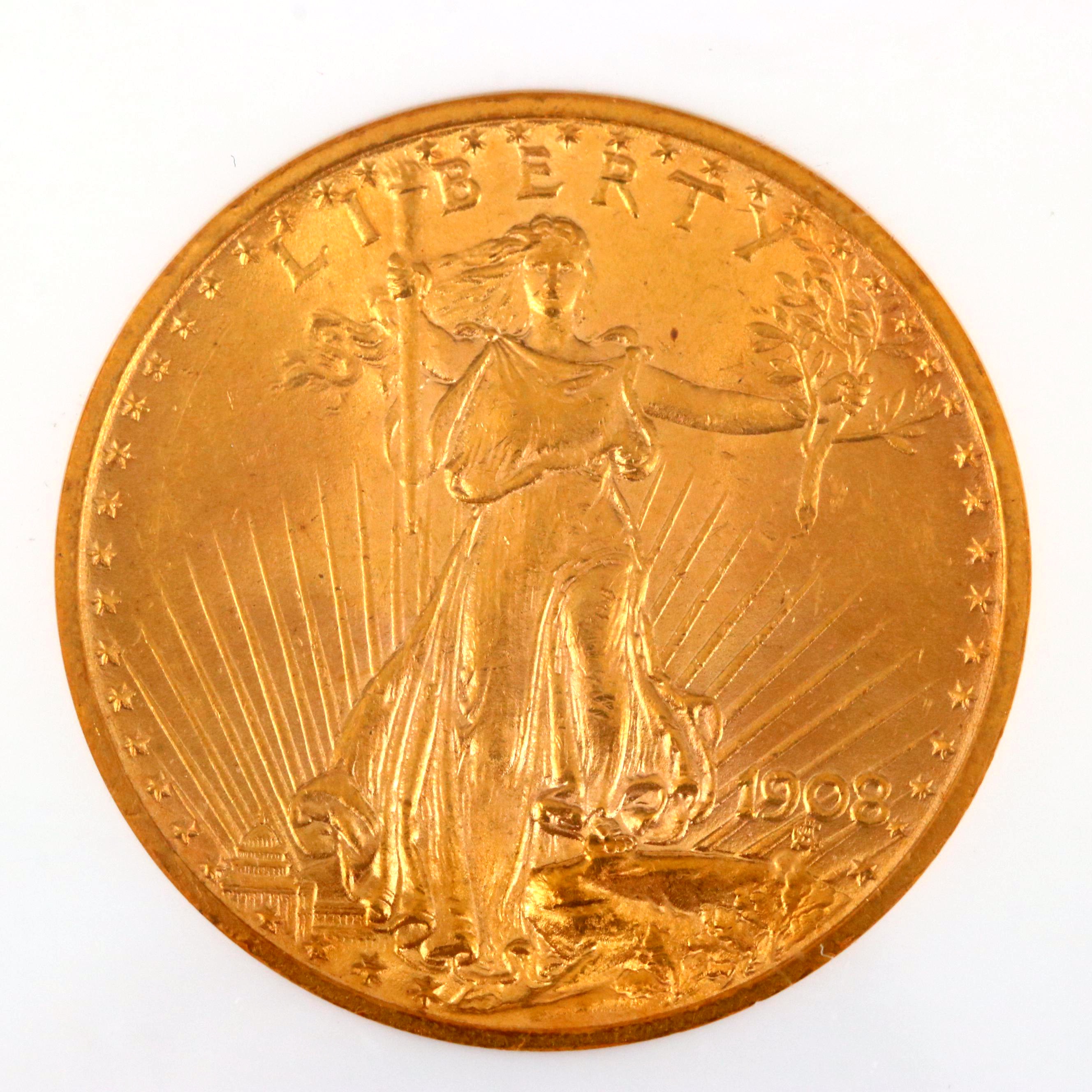 NGC Graded MS63 1908 No Motto $20 Saint Gaudens Gold Coin