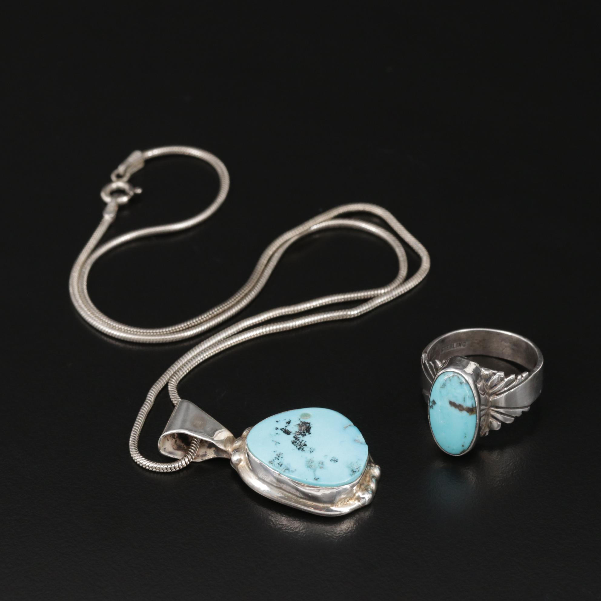 Jack Whittaker Navajo Diné Turquoise Ring and Signed Southwestern Style Necklace