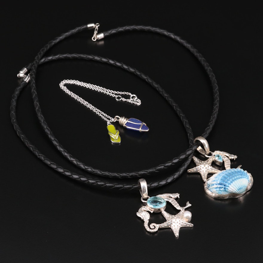 Sterling Silver Sealife Themed Necklaces and Anklet with Shell, Pearl and Glass