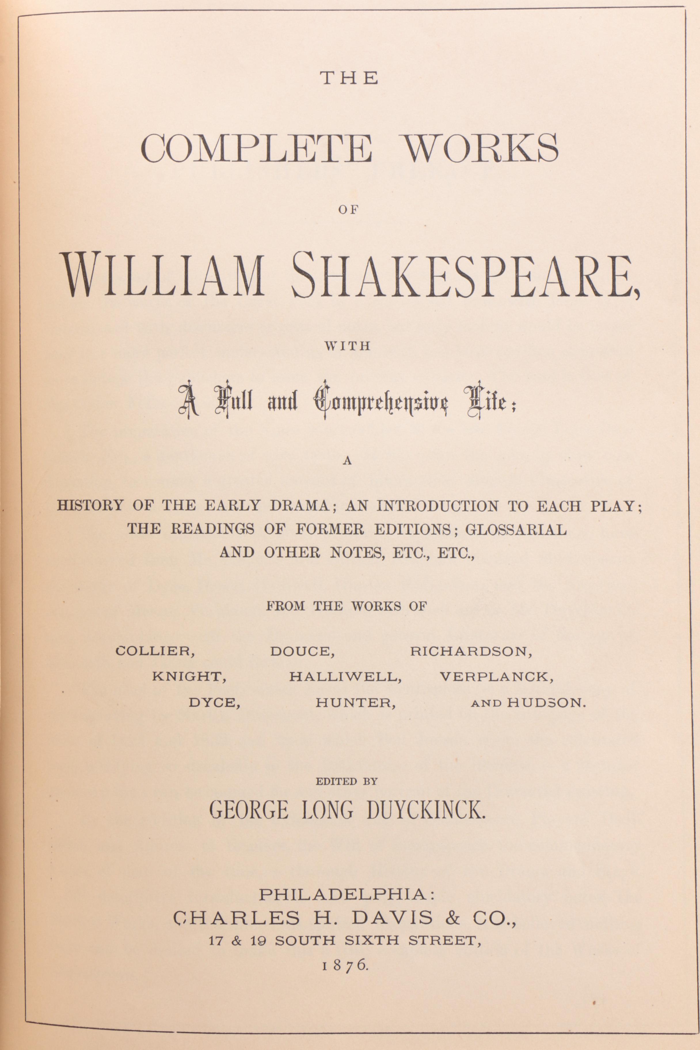 1876 Leather Bound "The Complete Works of William Shakespeare"