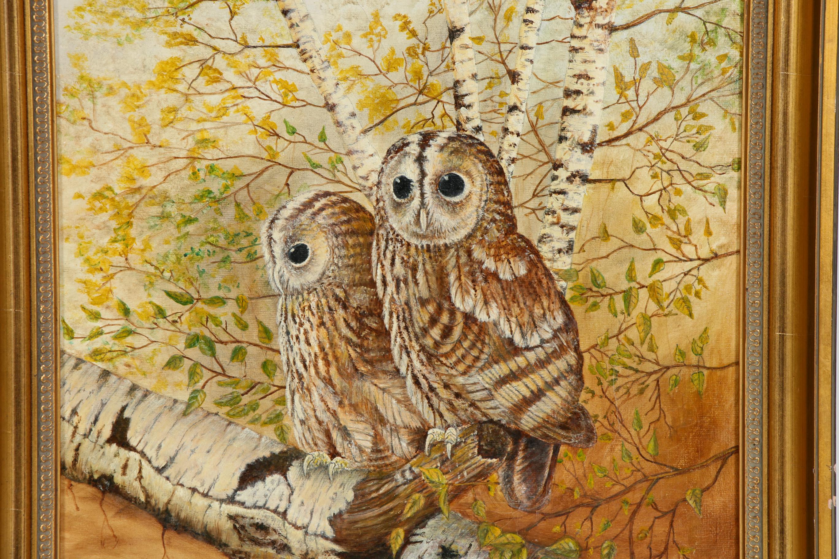 Robert E. Wright Folk Art Oil Painting "The Owls", 1983
