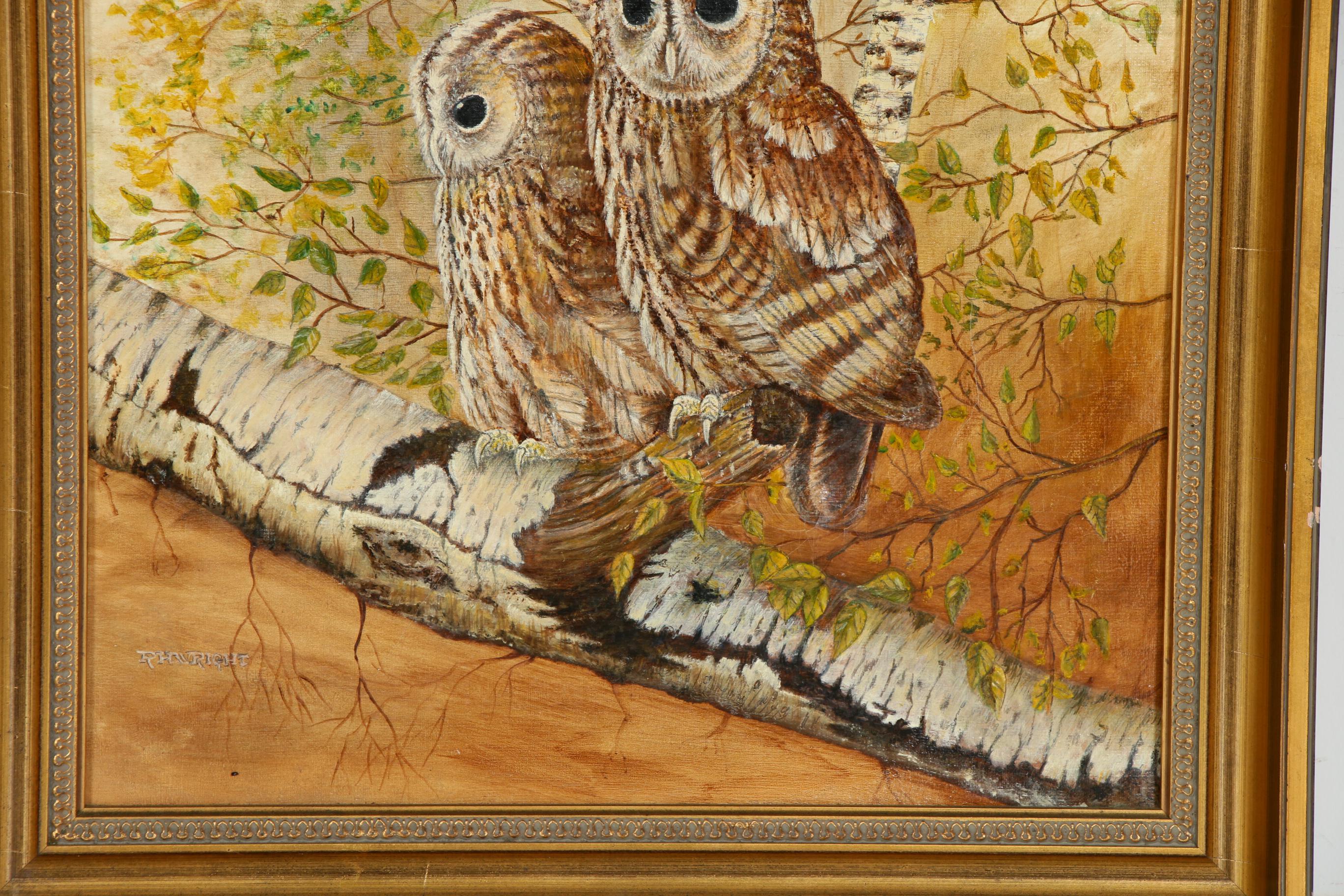 Robert E. Wright Folk Art Oil Painting "The Owls", 1983