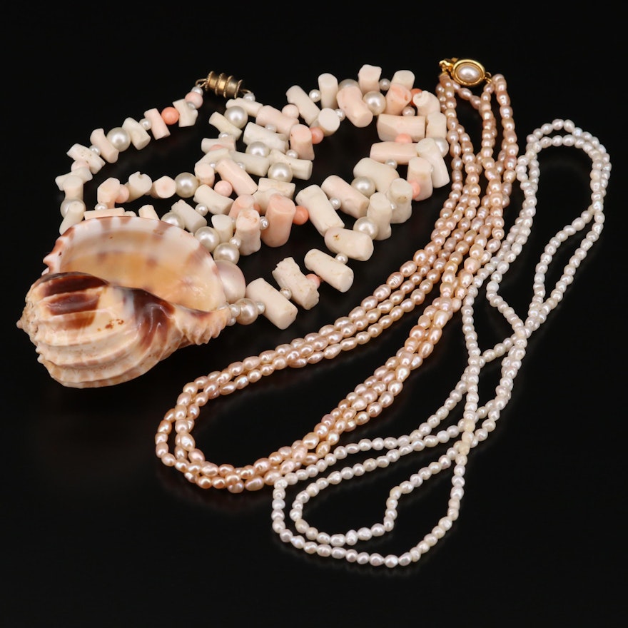 Shell and Cultured Pearl Strand Necklaces