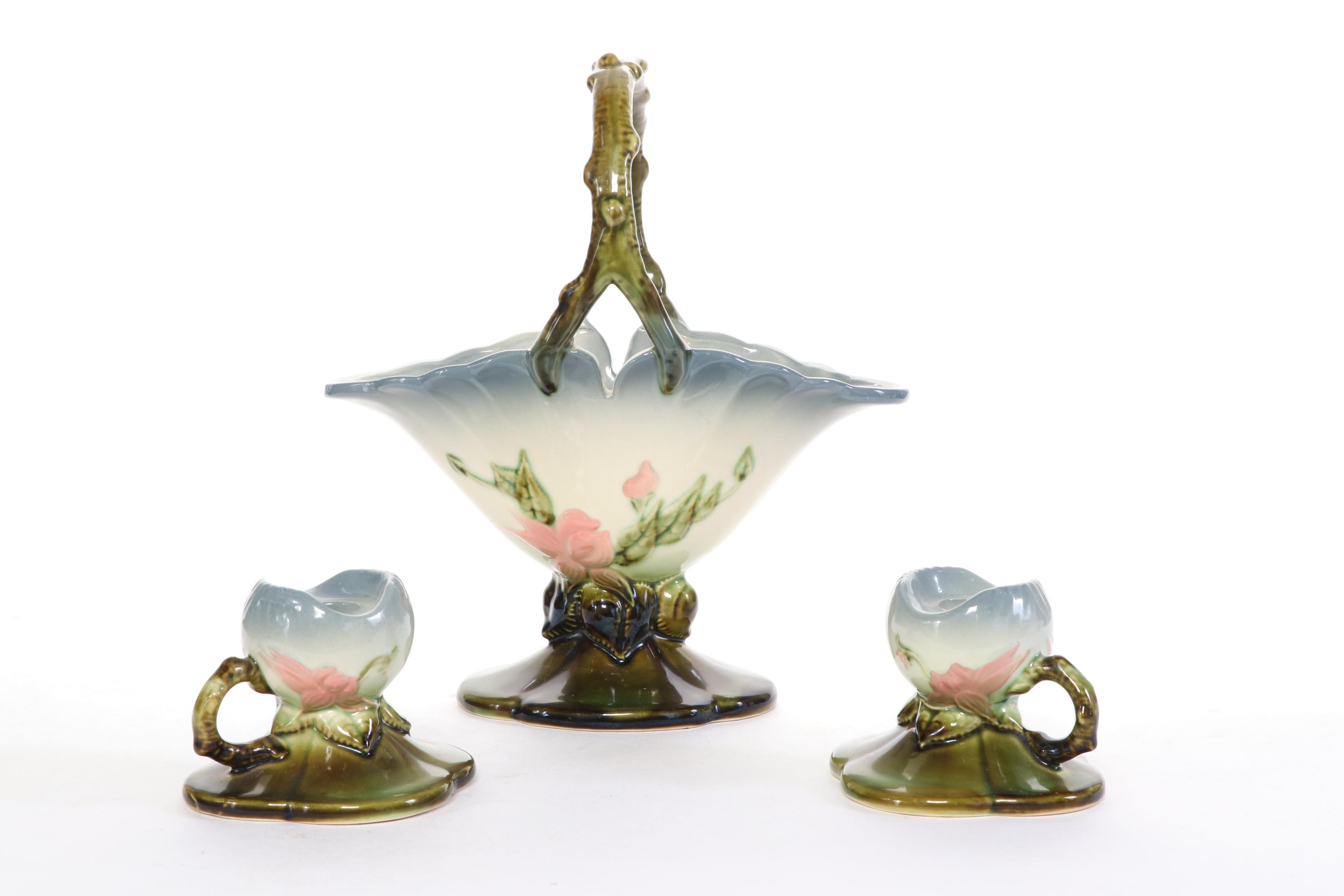 Hull Art Pottery "Woodland" Candle Holders and Basket Vase, 1950s