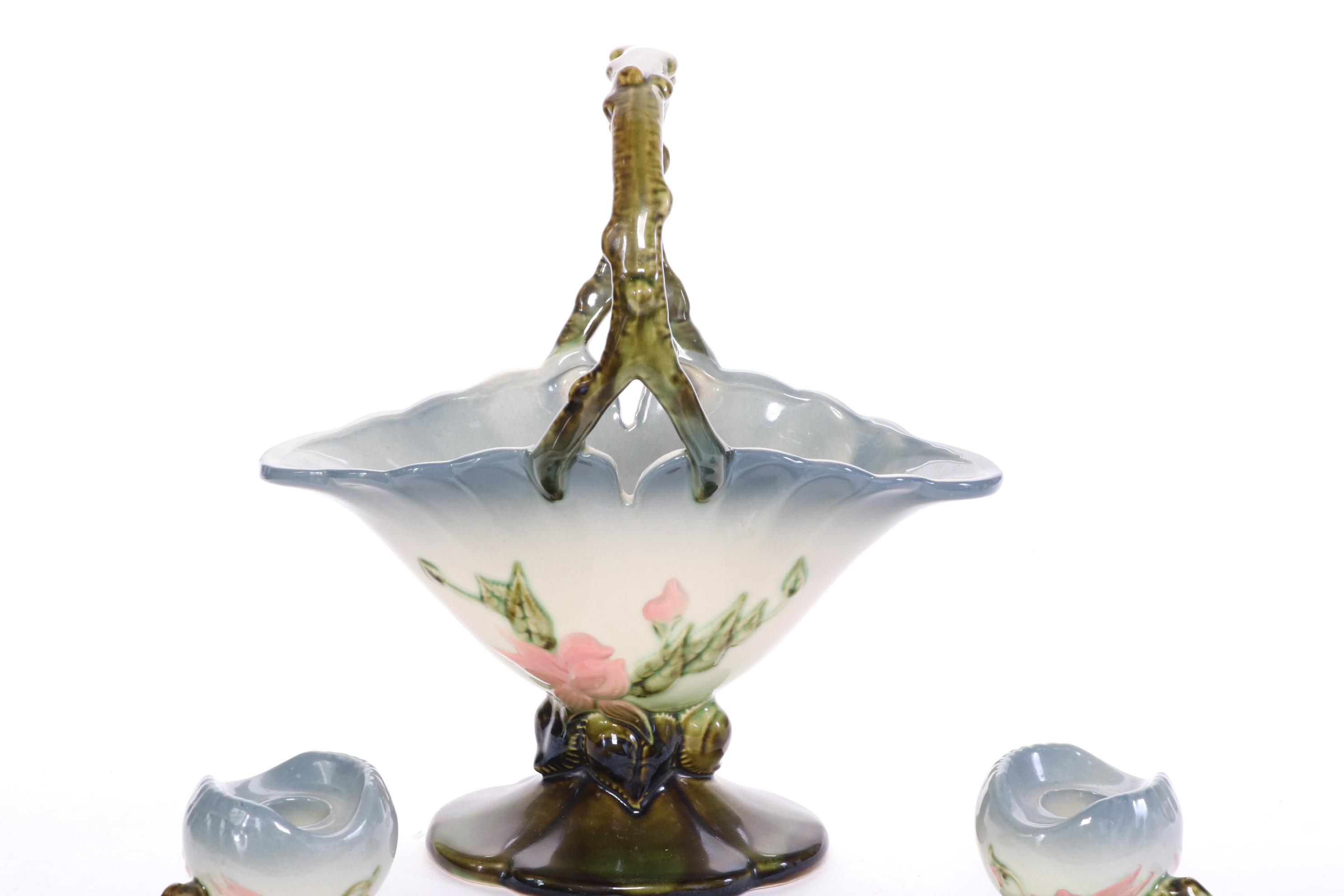 Hull Art Pottery "Woodland" Candle Holders and Basket Vase, 1950s