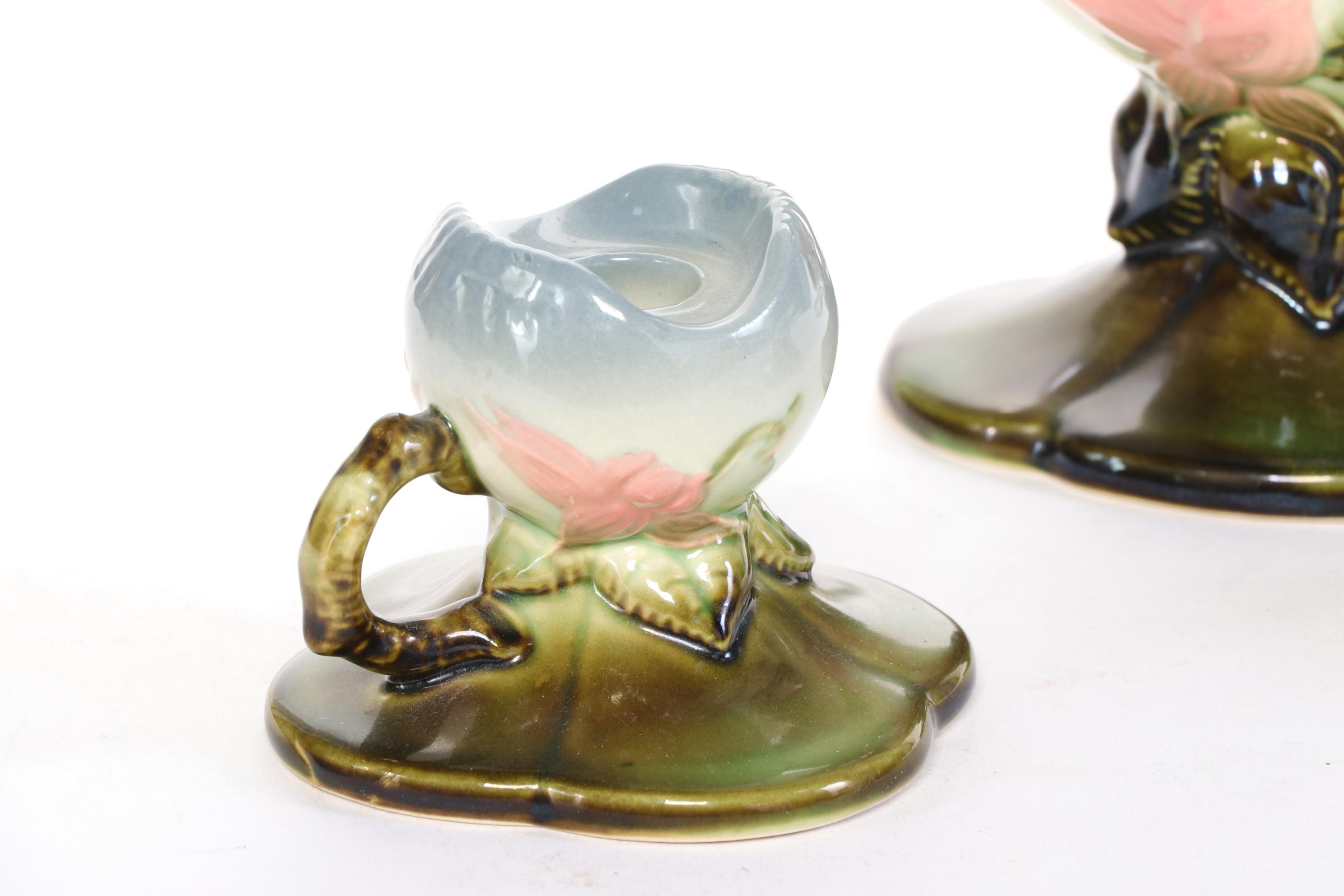 Hull Art Pottery "Woodland" Candle Holders and Basket Vase, 1950s