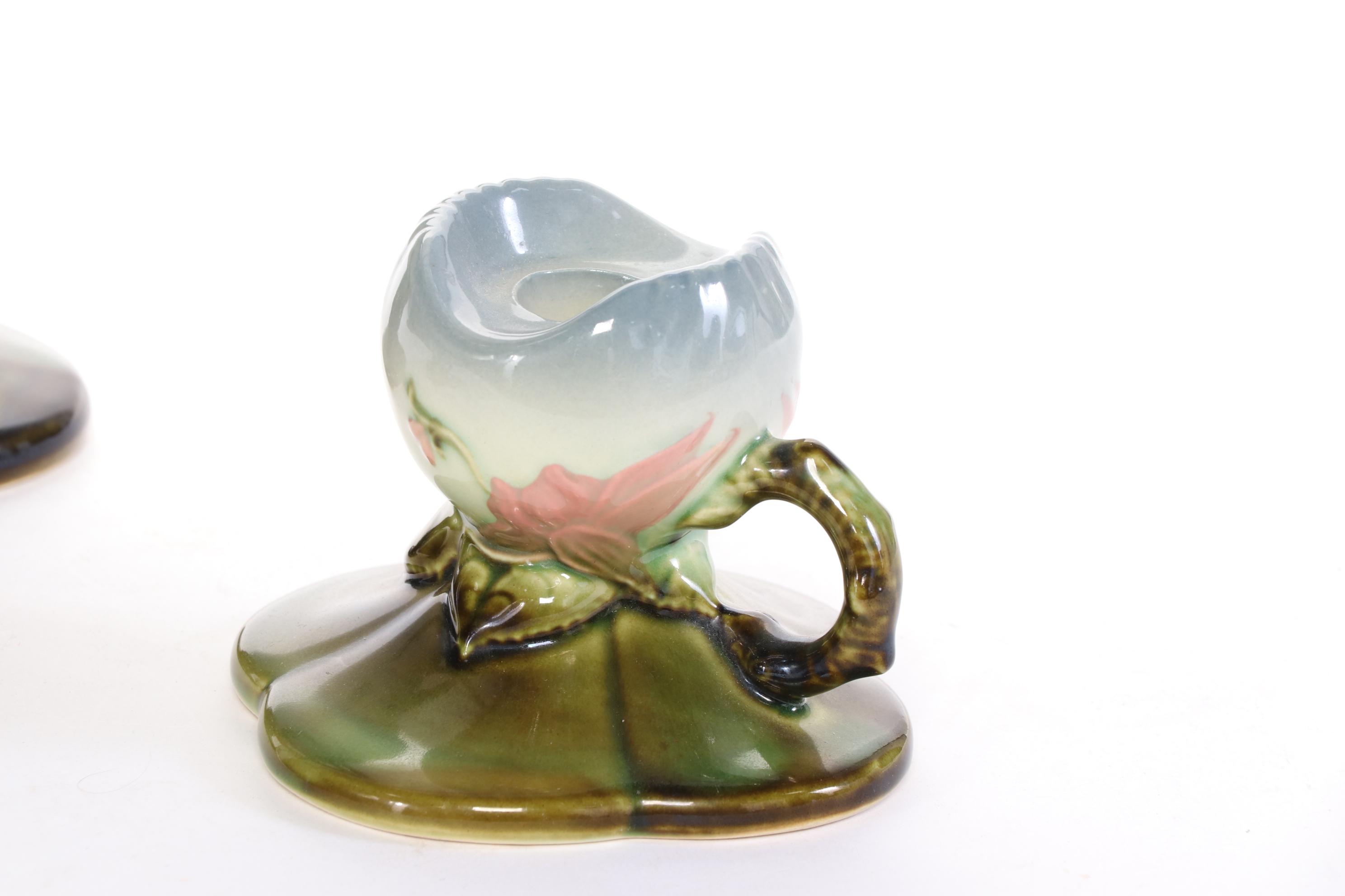 Hull Art Pottery "Woodland" Candle Holders and Basket Vase, 1950s