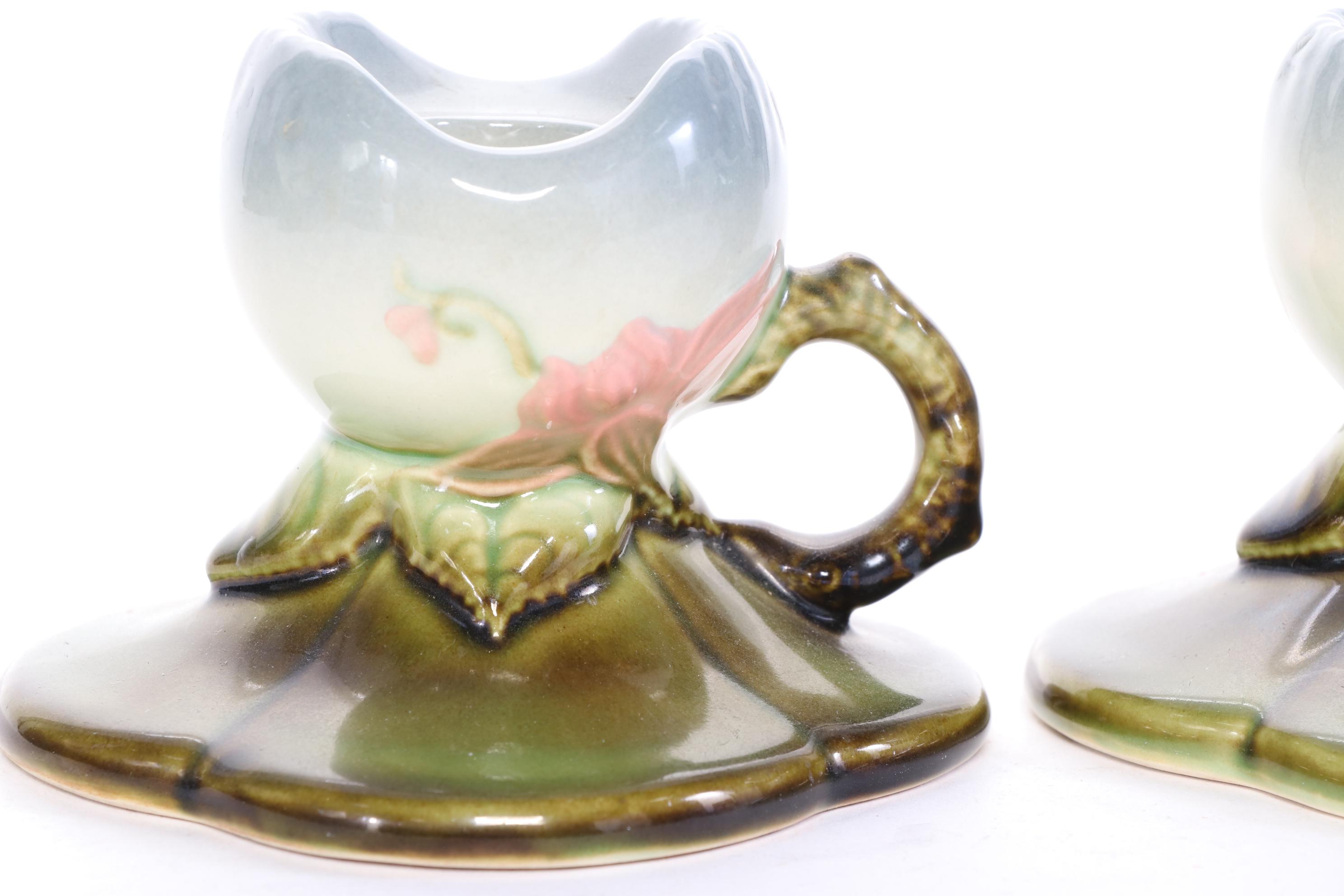 Hull Art Pottery "Woodland" Candle Holders and Basket Vase, 1950s