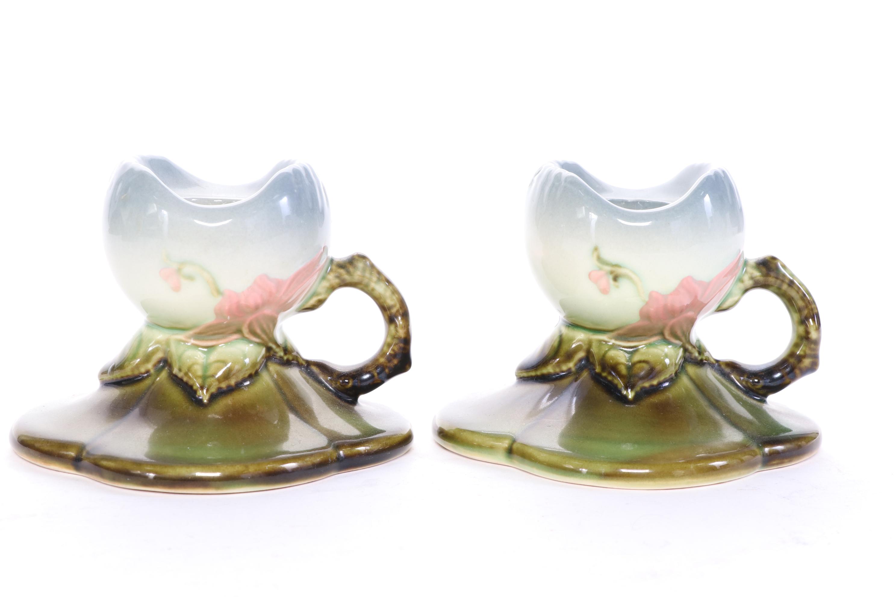 Hull Art Pottery "Woodland" Candle Holders and Basket Vase, 1950s