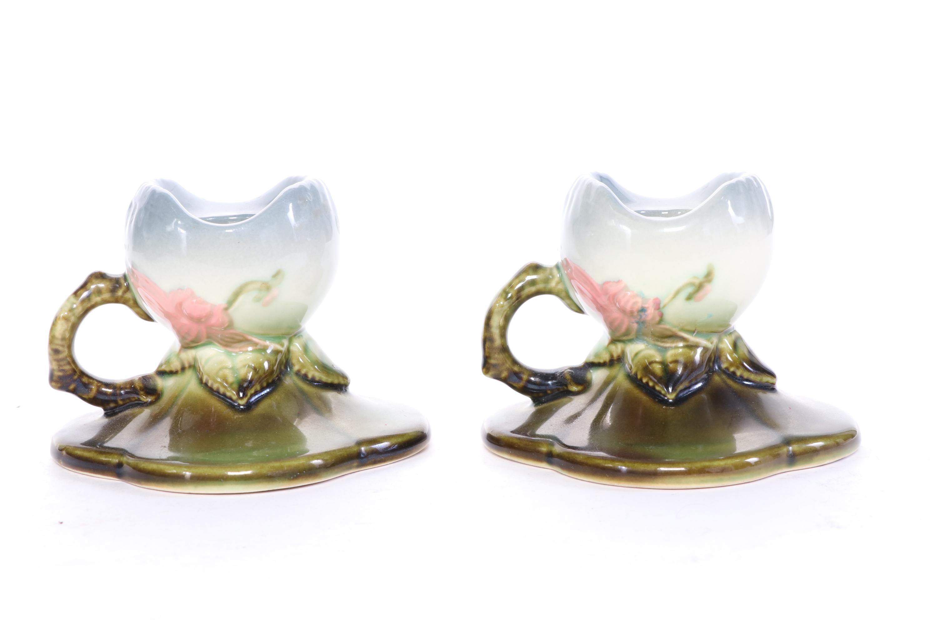 Hull Art Pottery "Woodland" Candle Holders and Basket Vase, 1950s