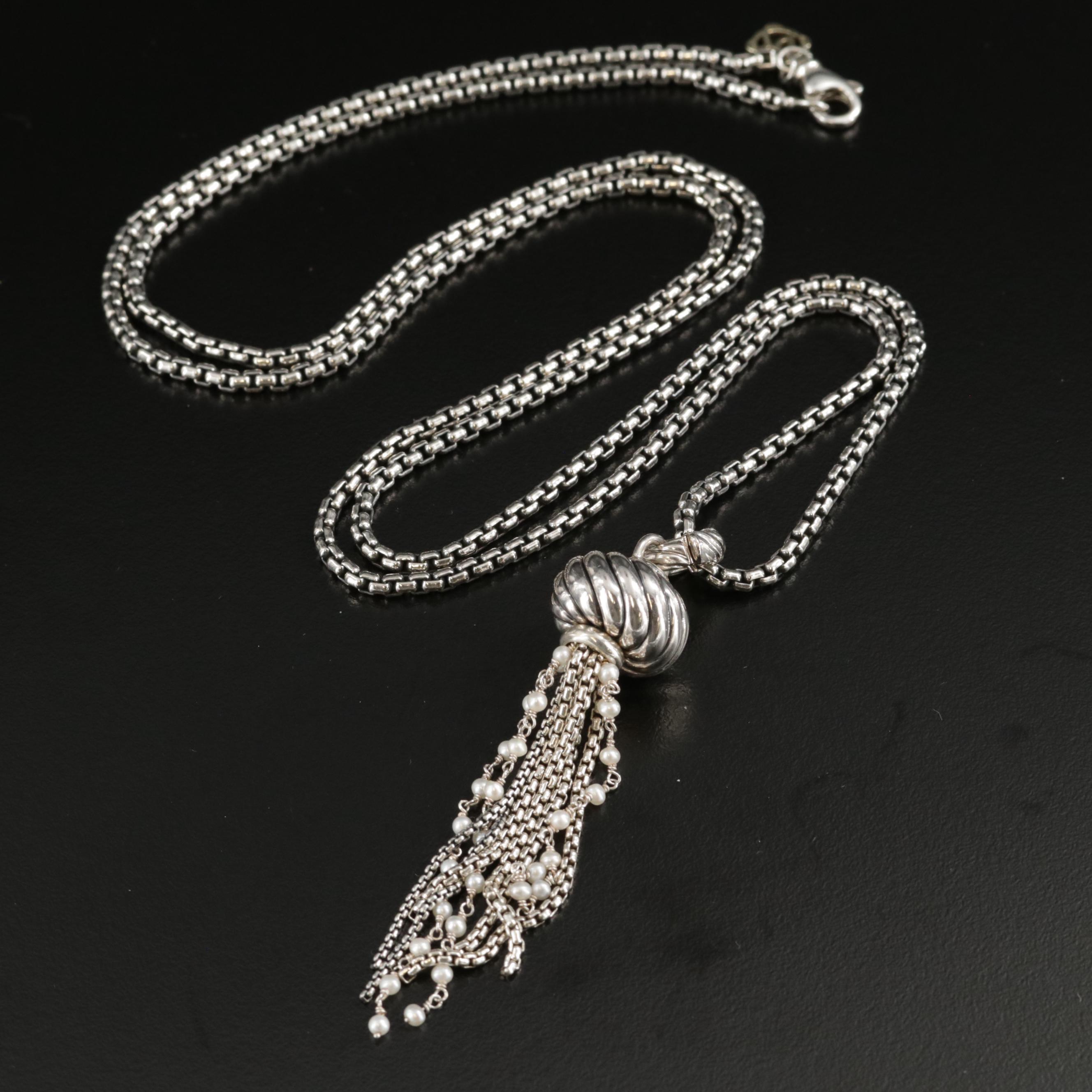 David Yurman Sterling Pearl Tassel Pendant Necklace