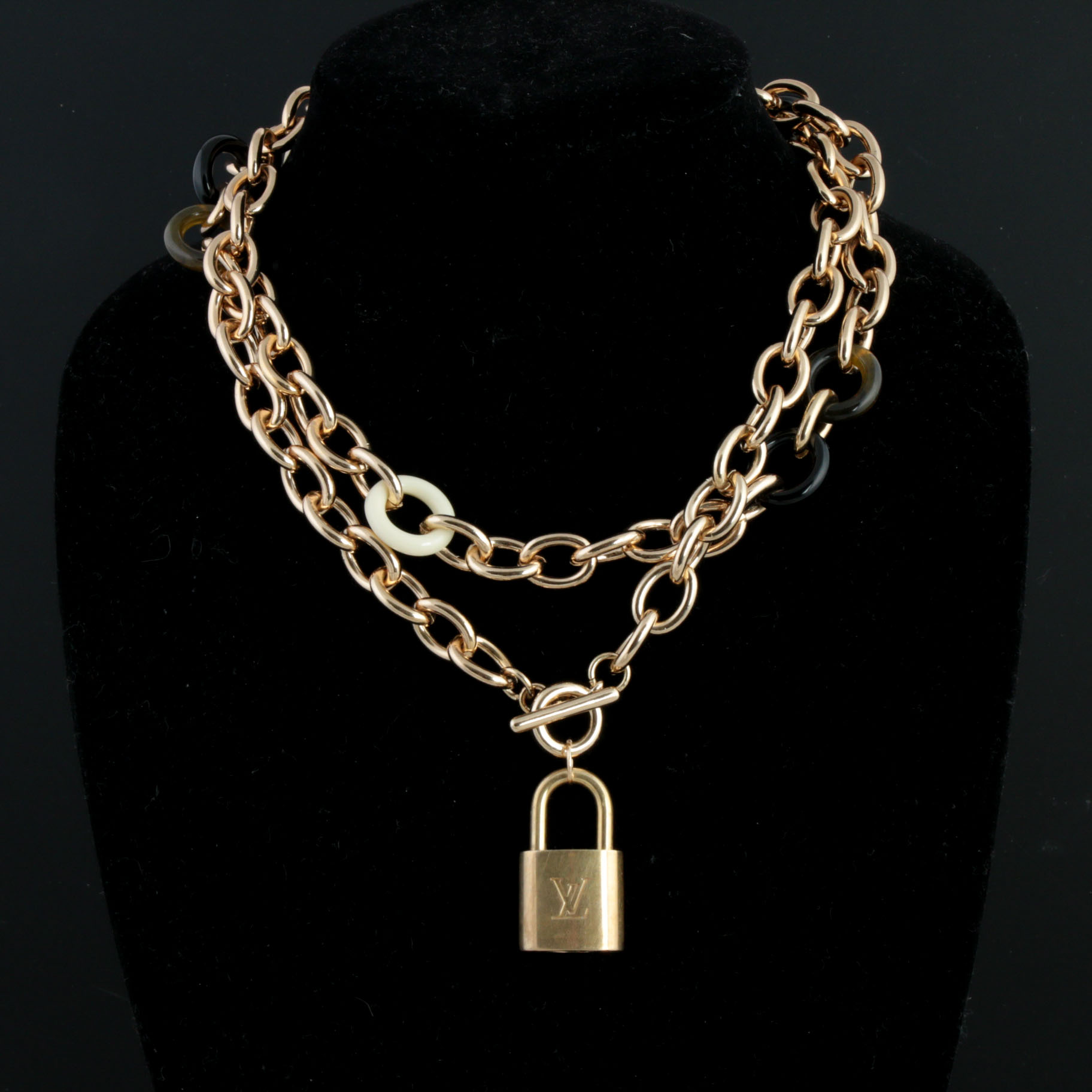 Louis Vuitton Brass Lock on Gold Tone and Acrylic Necklace Chain