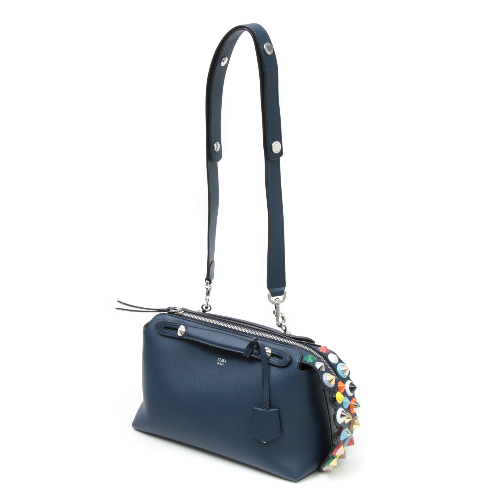 Fendi By the Way Navy Grained Leather Two-Way Bag with Multicolor Pyramid Studs