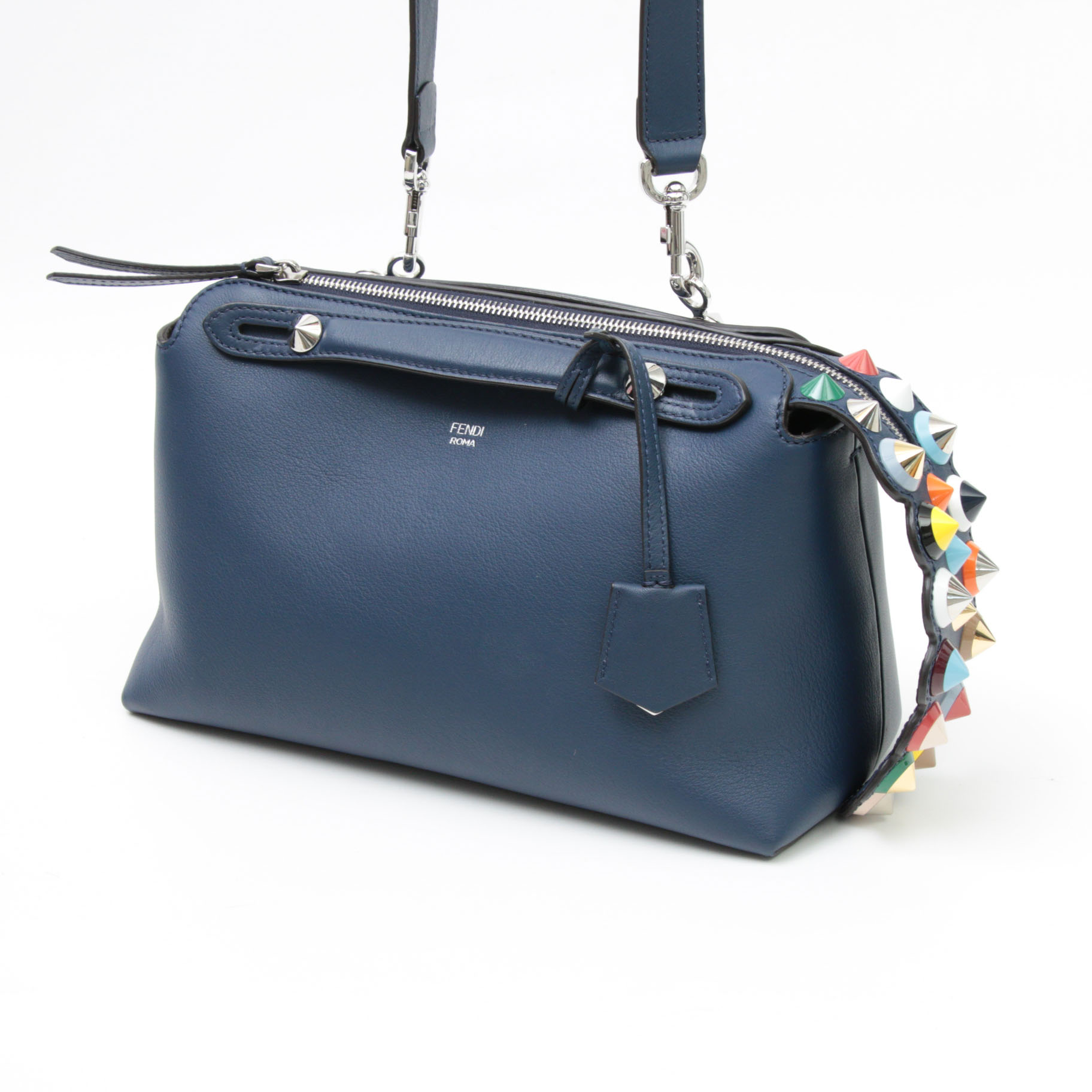 Fendi By the Way Navy Grained Leather Two-Way Bag with Multicolor Pyramid Studs