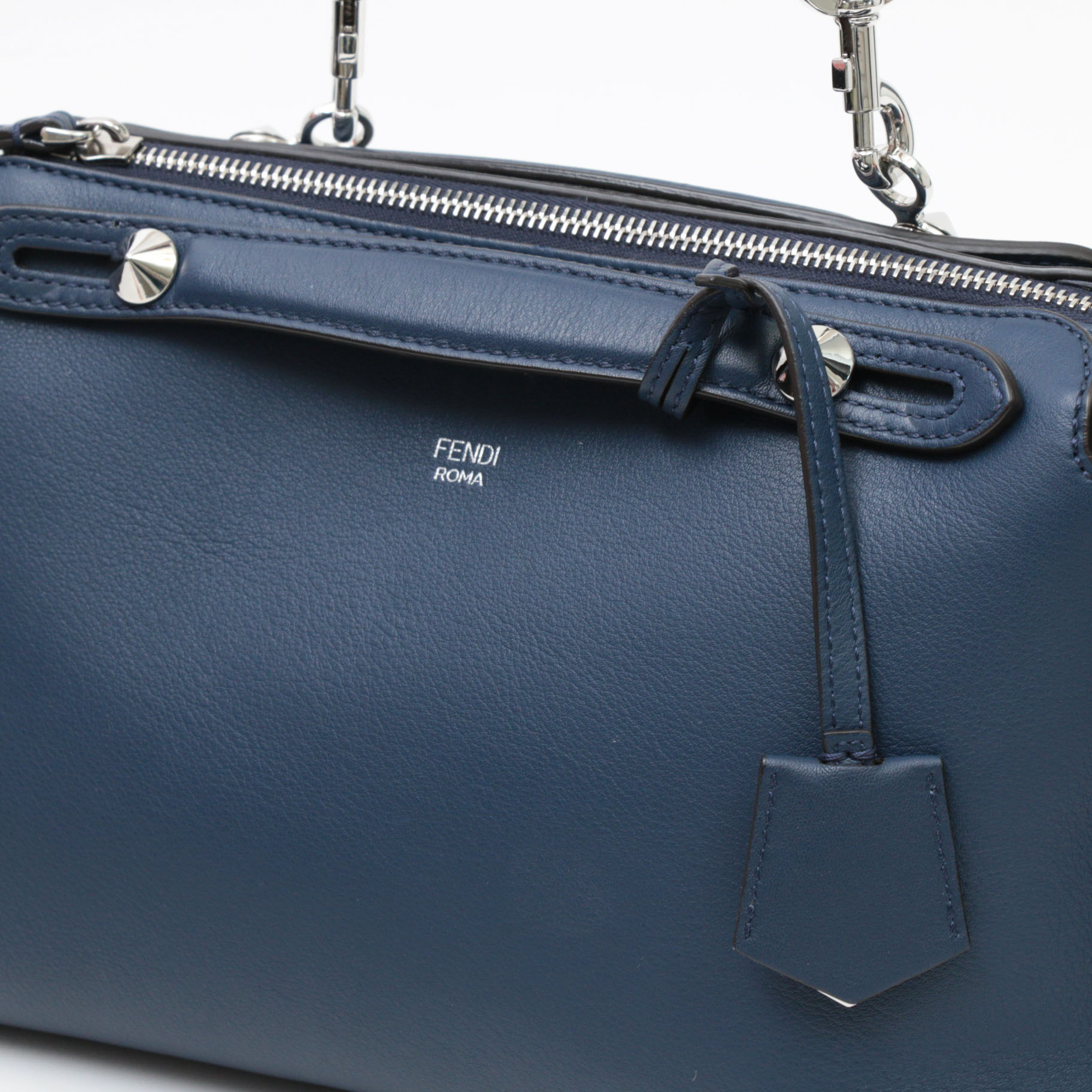 Fendi By the Way Navy Grained Leather Two-Way Bag with Multicolor Pyramid Studs