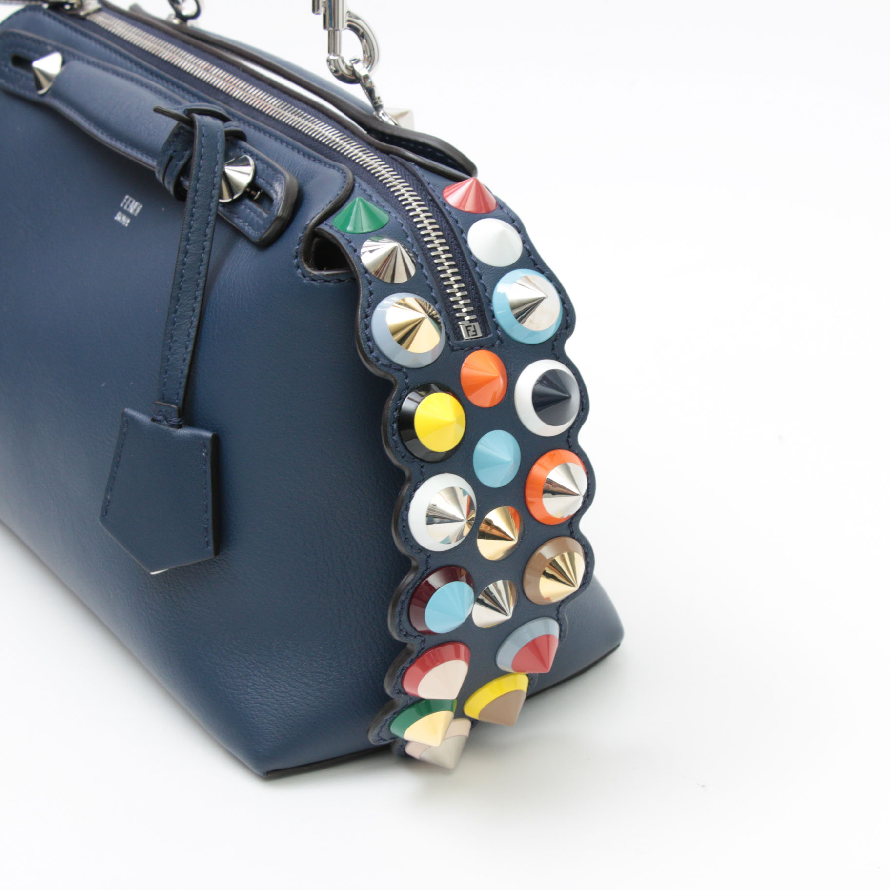 Fendi By the Way Navy Grained Leather Two-Way Bag with Multicolor Pyramid Studs