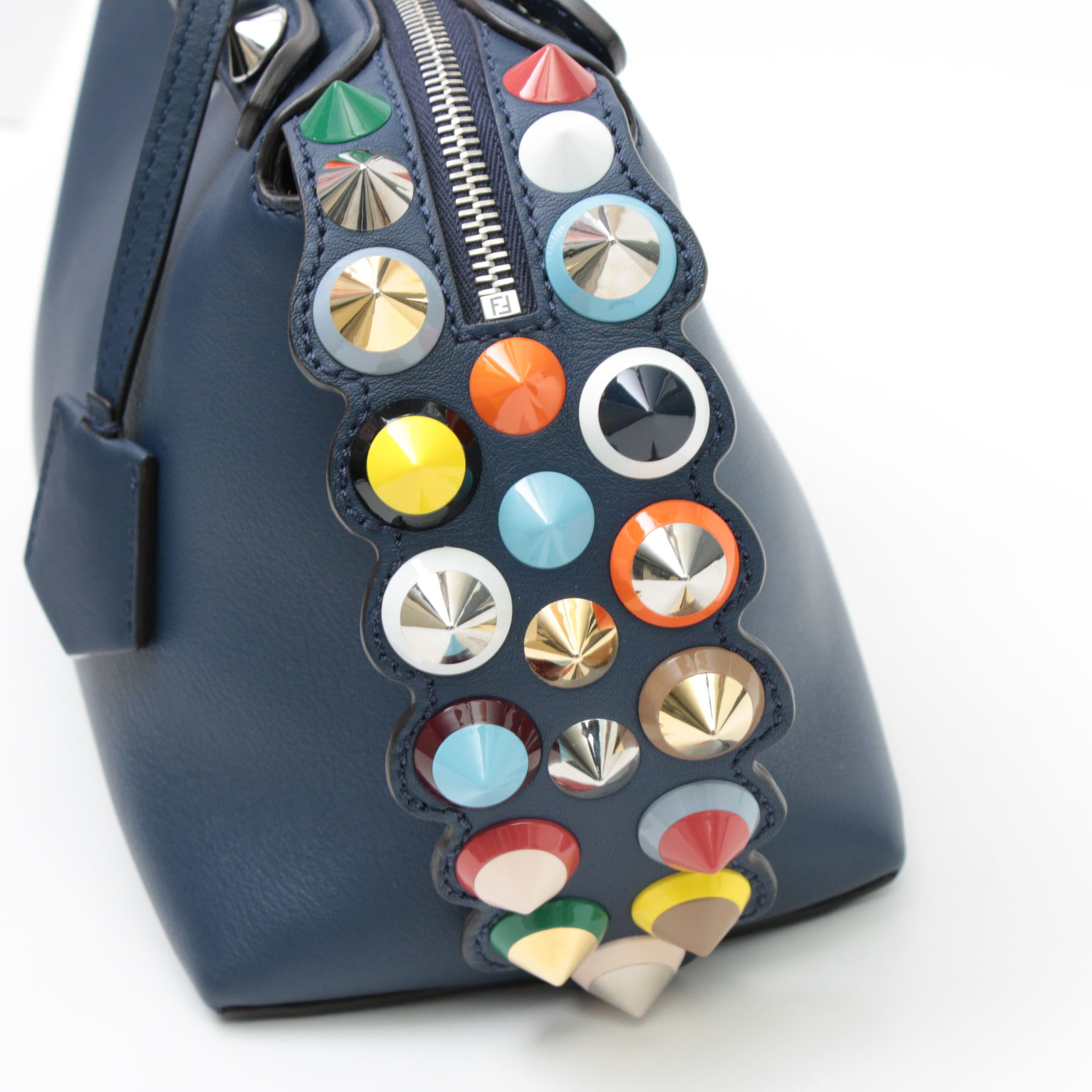 Fendi By the Way Navy Grained Leather Two-Way Bag with Multicolor Pyramid Studs