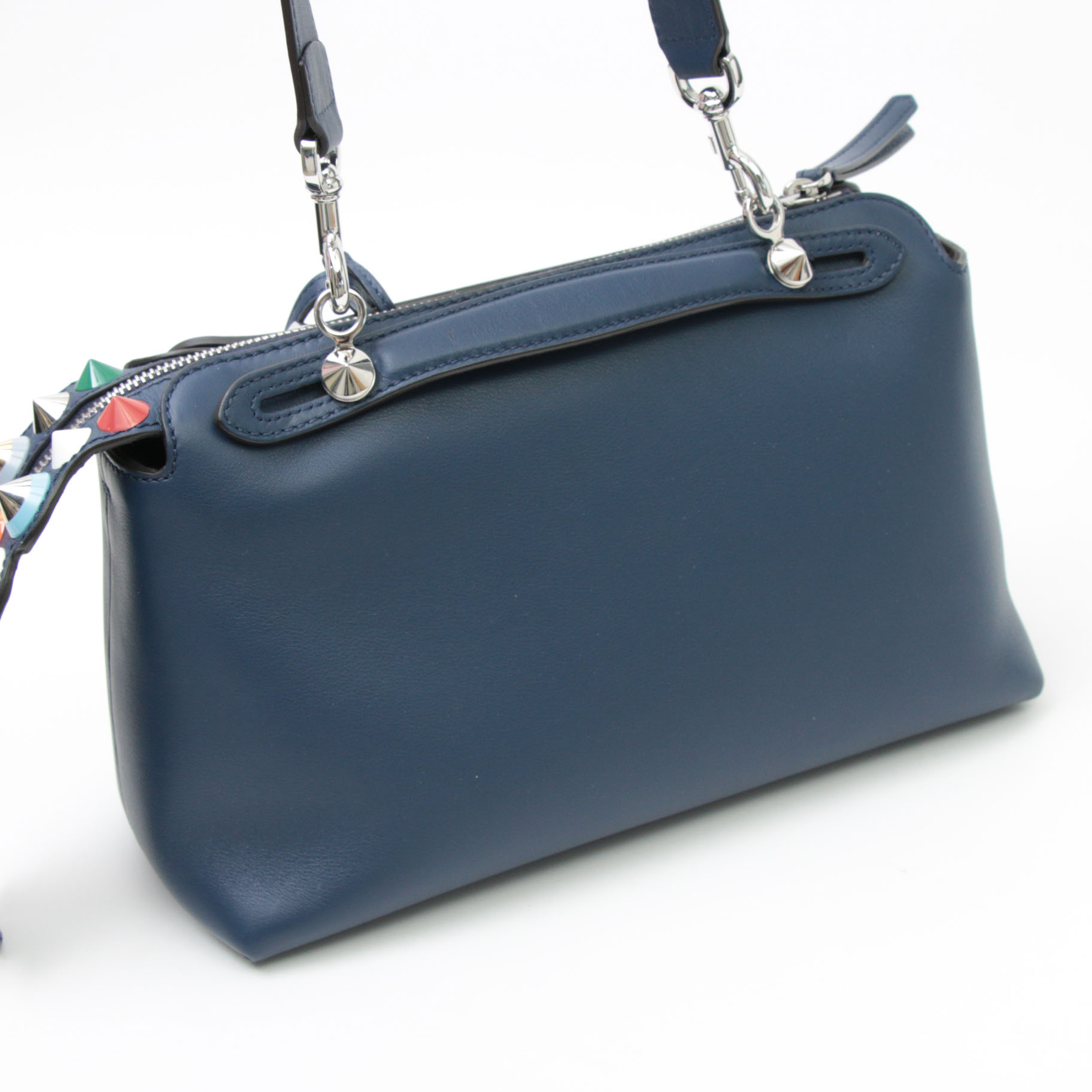 Fendi By the Way Navy Grained Leather Two-Way Bag with Multicolor Pyramid Studs