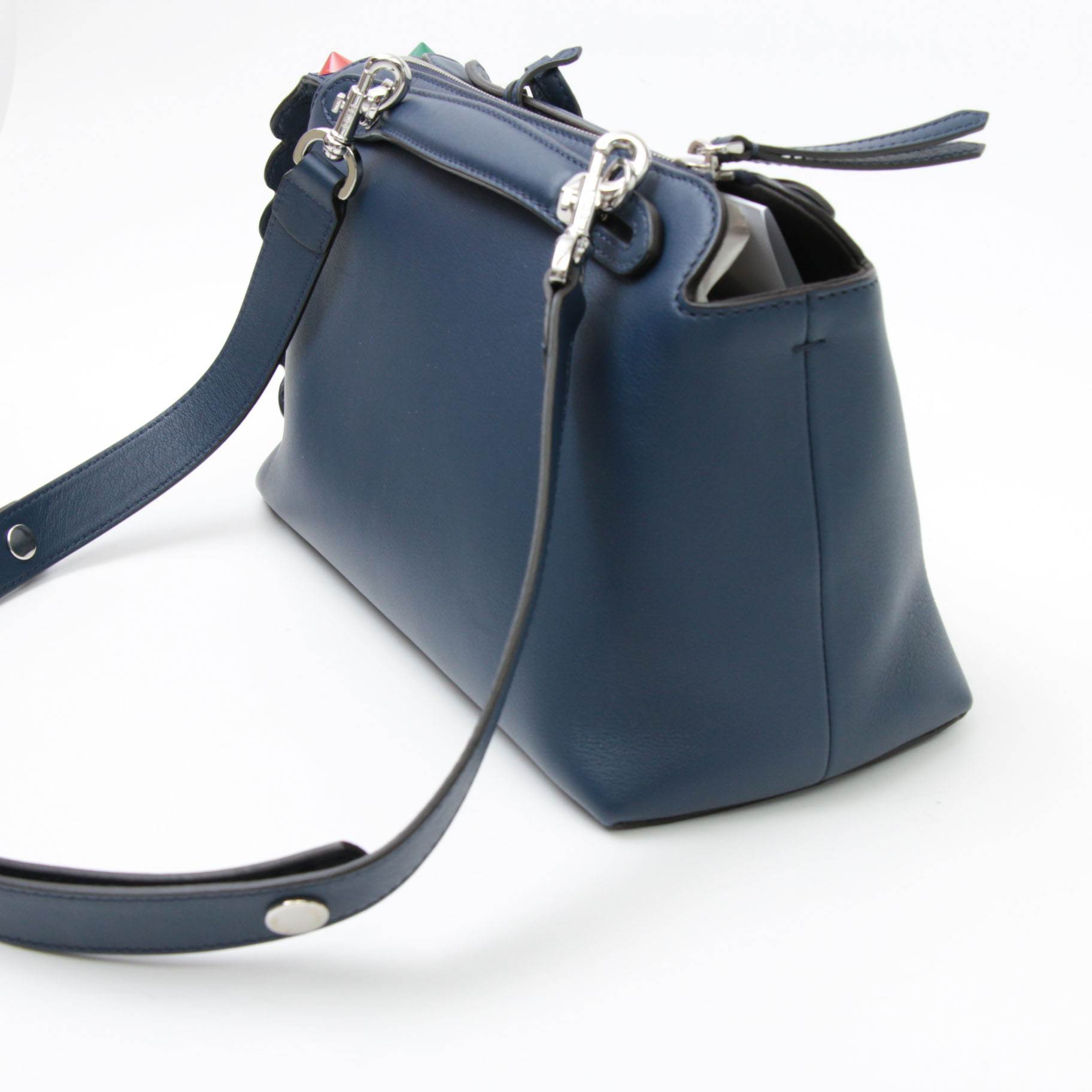 Fendi By the Way Navy Grained Leather Two-Way Bag with Multicolor Pyramid Studs