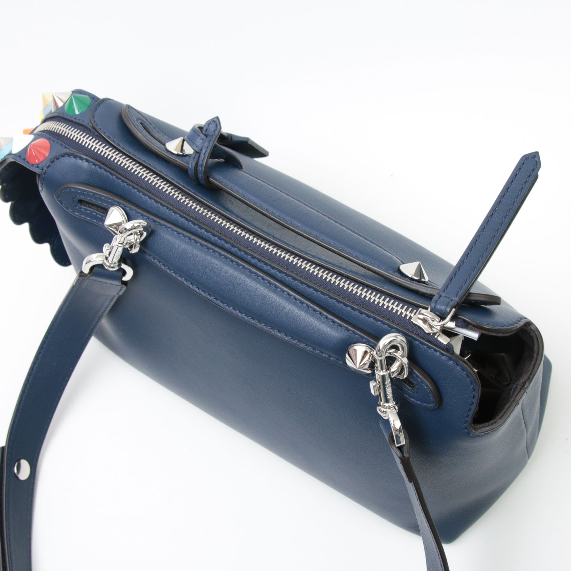 Fendi By the Way Navy Grained Leather Two-Way Bag with Multicolor Pyramid Studs