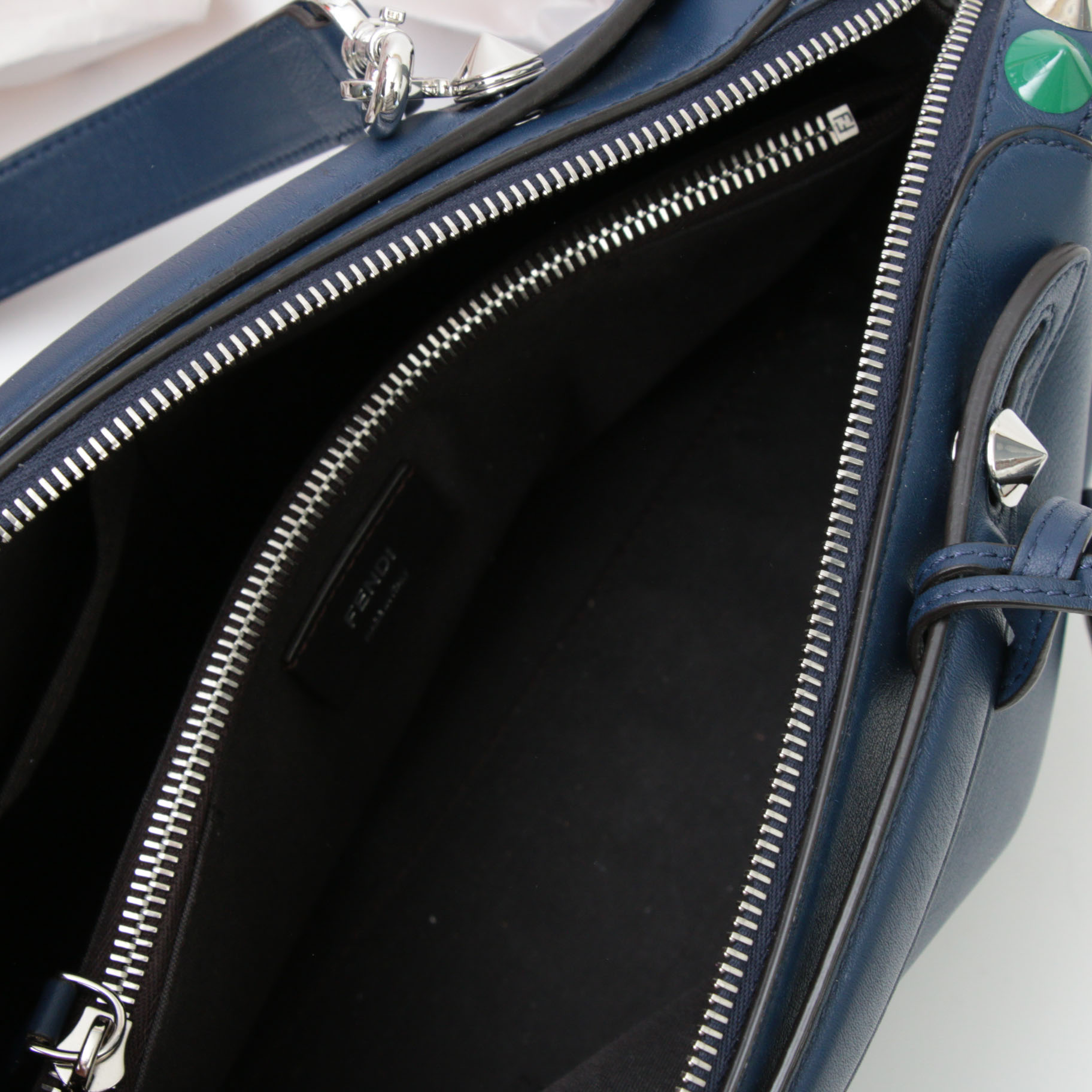 Fendi By the Way Navy Grained Leather Two-Way Bag with Multicolor Pyramid Studs
