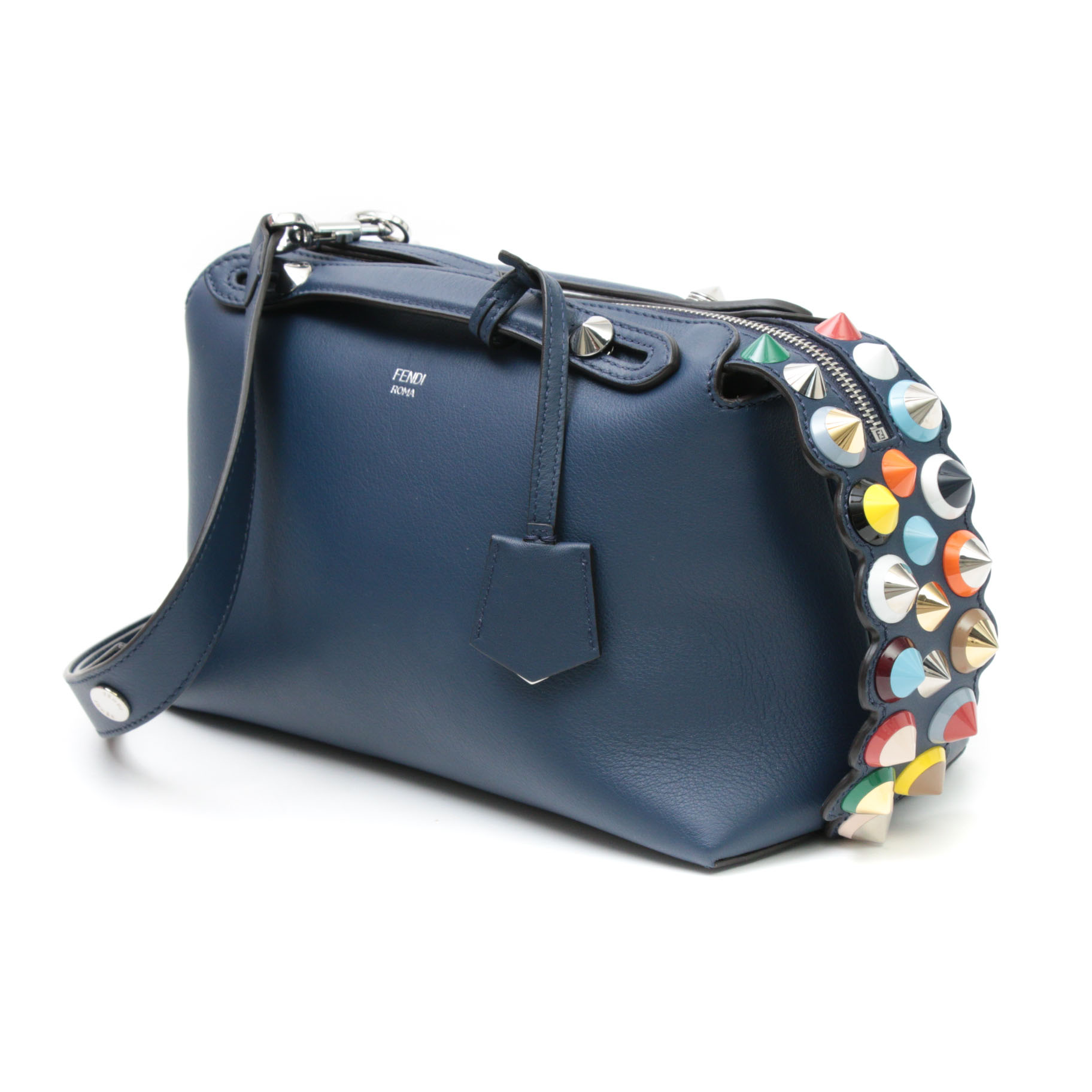 Fendi By the Way Navy Grained Leather Two-Way Bag with Multicolor Pyramid Studs