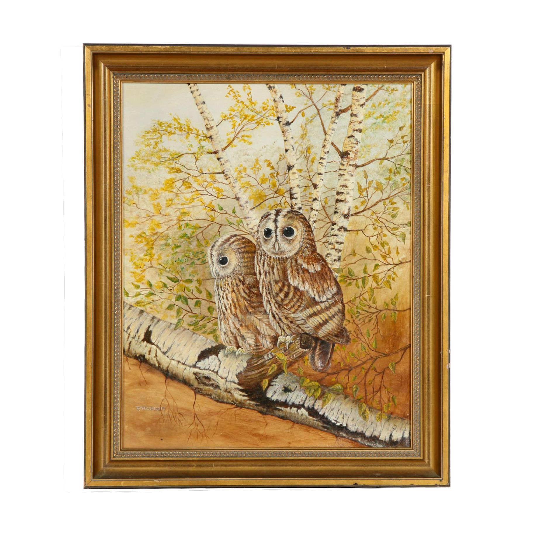 Robert E. Wright Folk Art Oil Painting "The Owls", 1983
