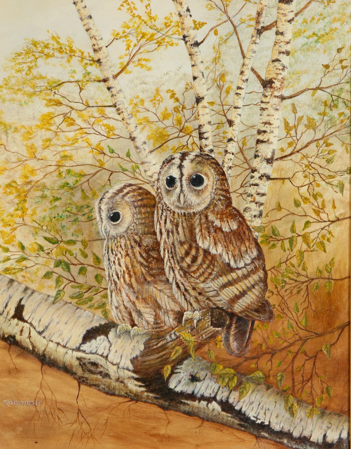 Robert E. Wright Folk Art Oil Painting "The Owls", 1983