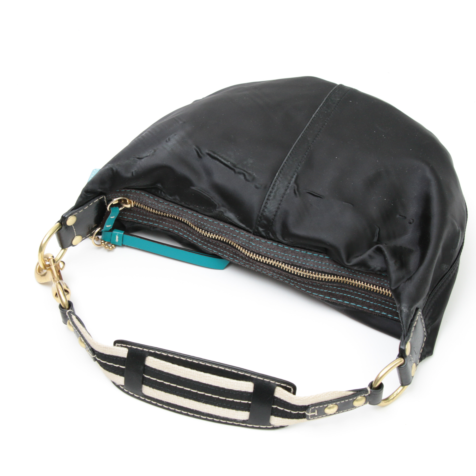Coach Hamptons Black Satin Hobo Shoulder Bag with Contrast Leather and Stitching