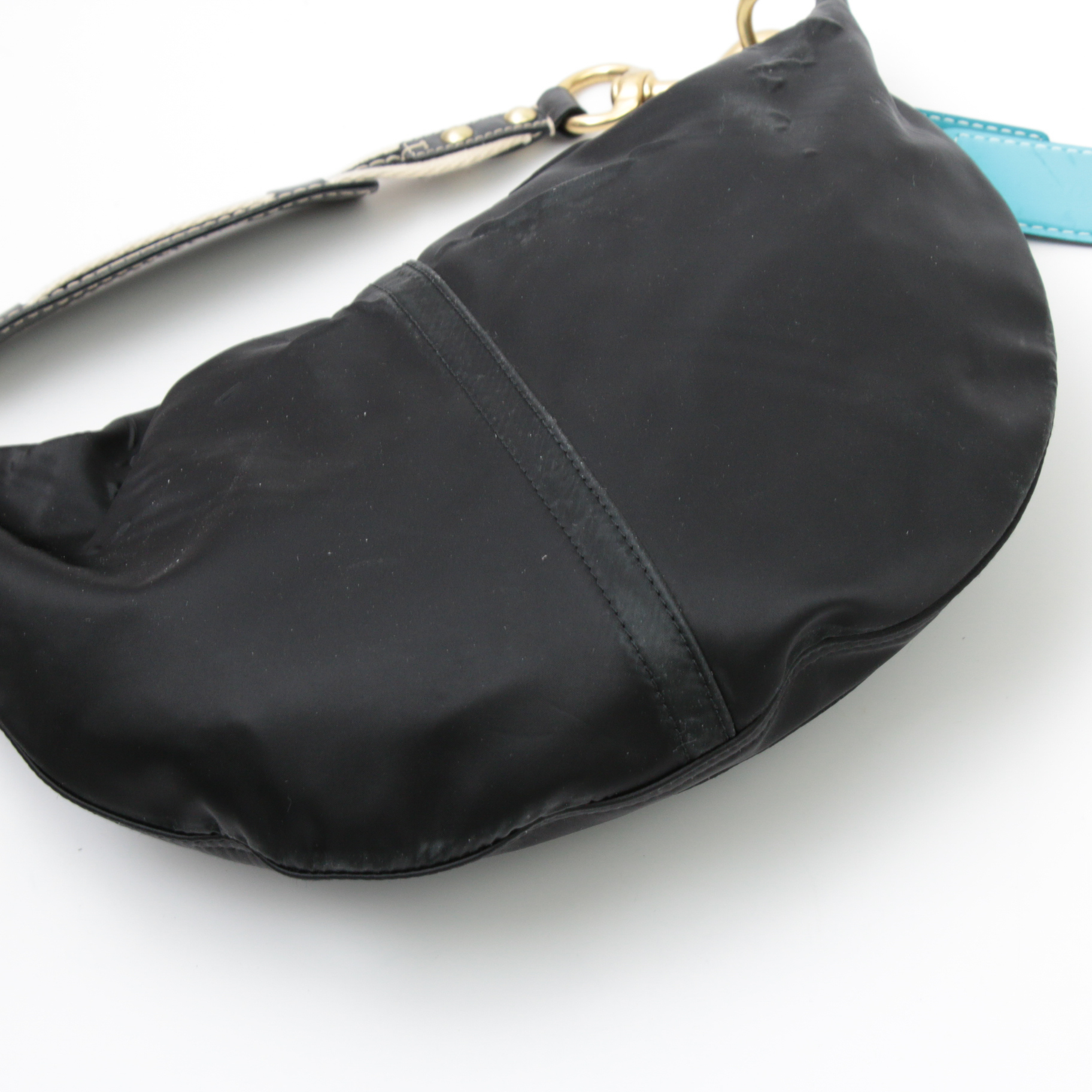 Coach Hamptons Black Satin Hobo Shoulder Bag with Contrast Leather and Stitching