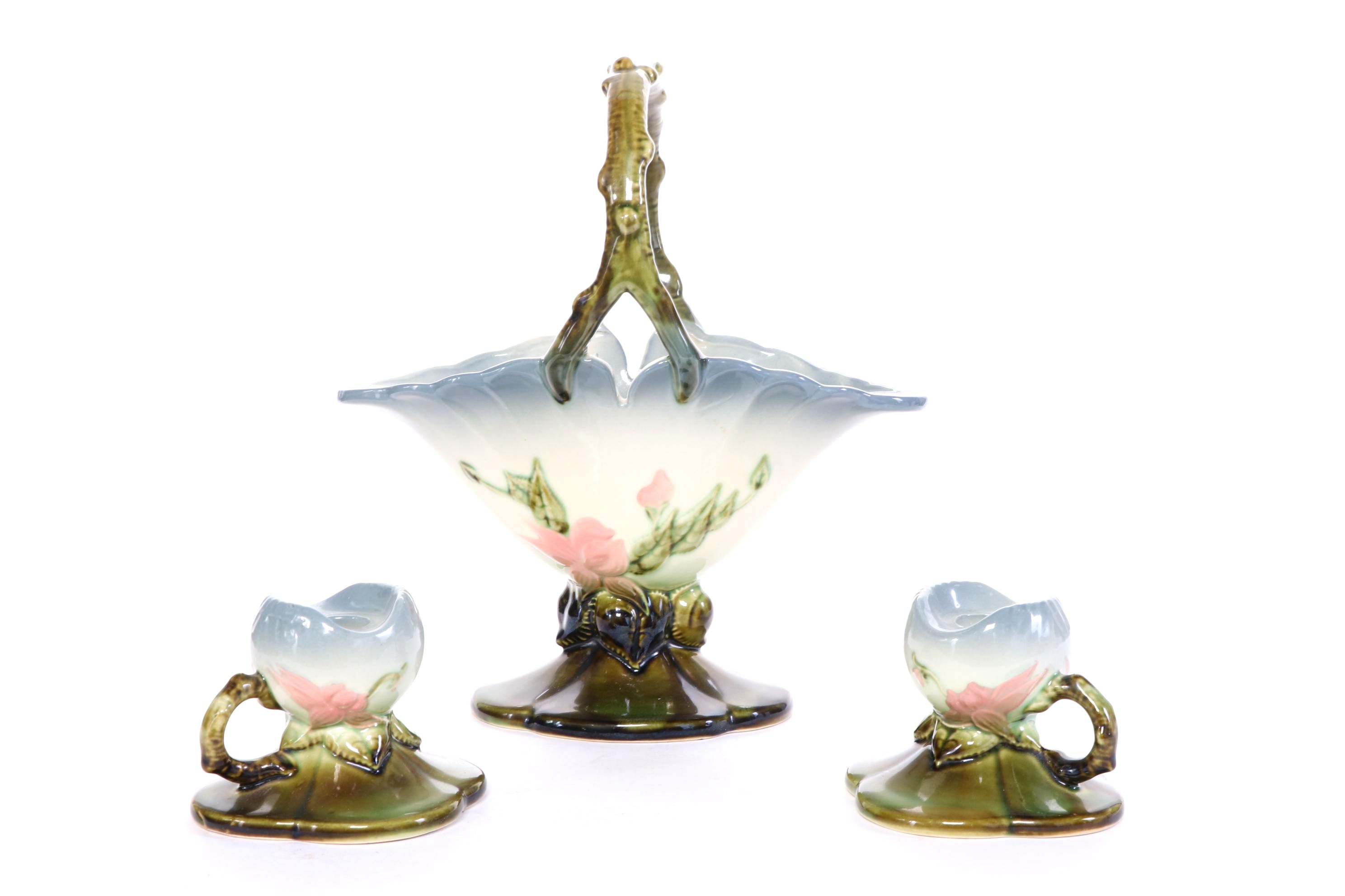 Hull Art Pottery "Woodland" Candle Holders and Basket Vase, 1950s