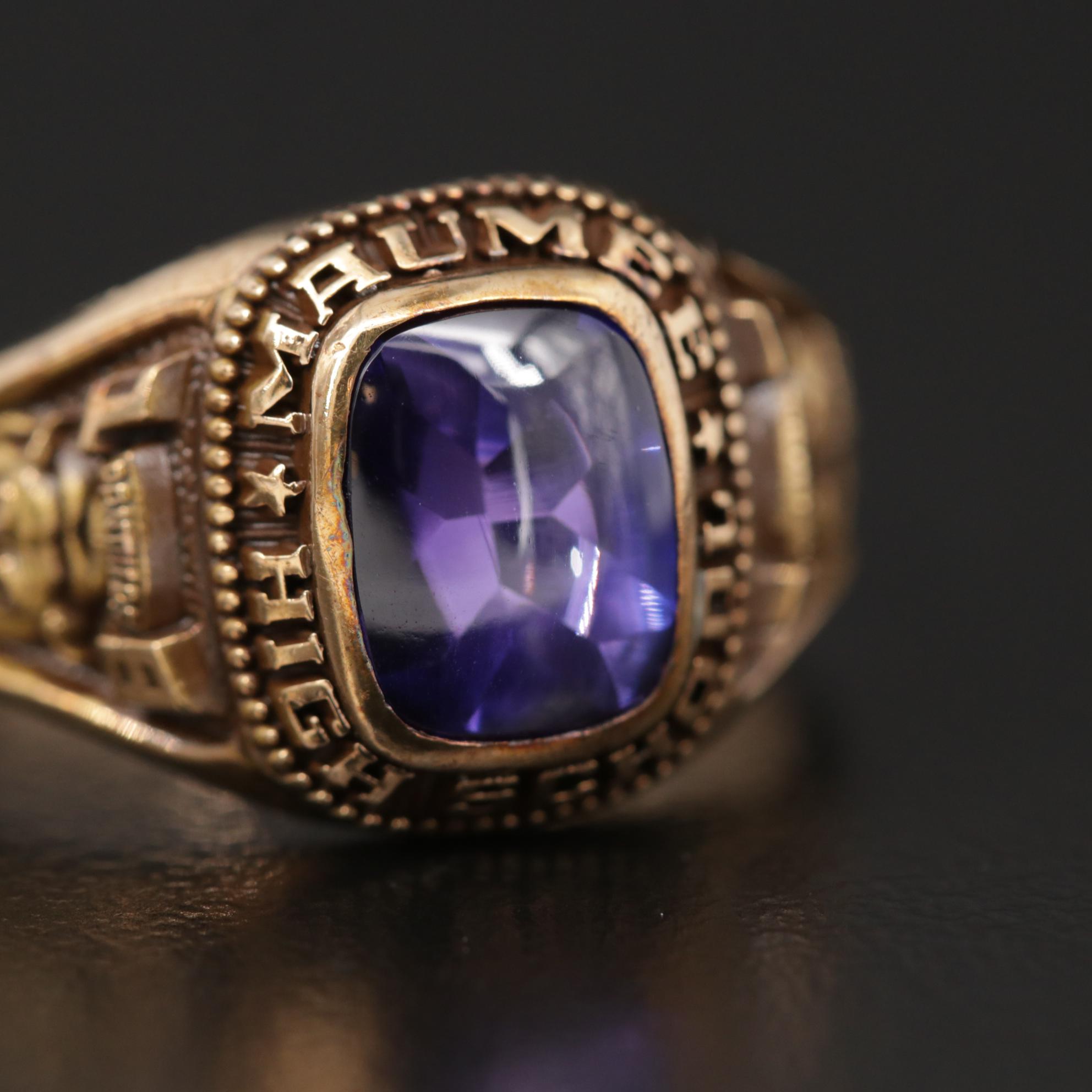 Vintage Herff Jones Co. 10K Gold Synthetic Sapphire Class Ring