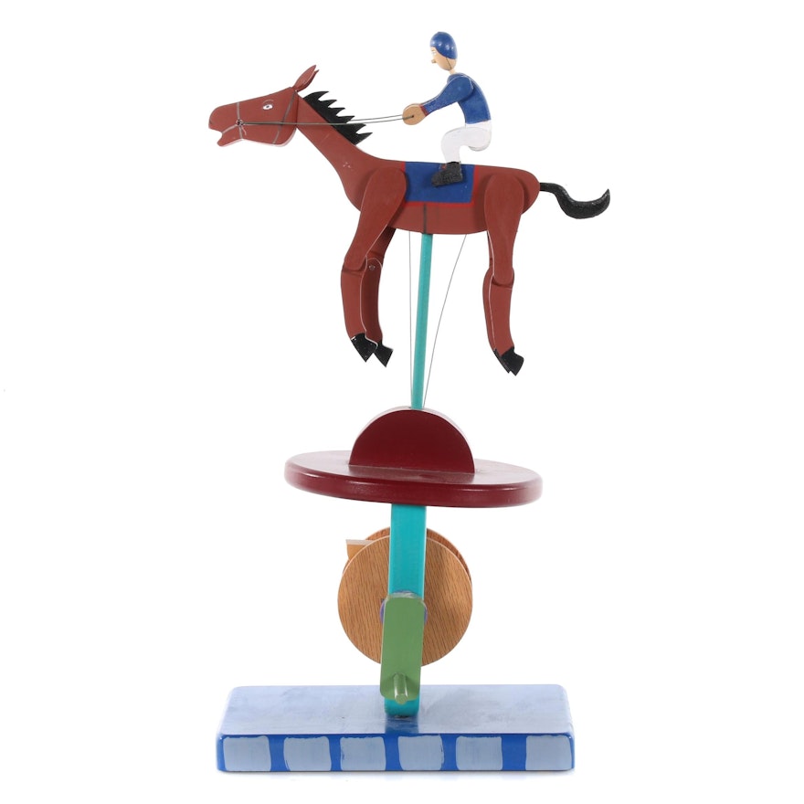 Dan Torpey Folk Art Kinetic Sculpture Automata of Racehorse and Jockey