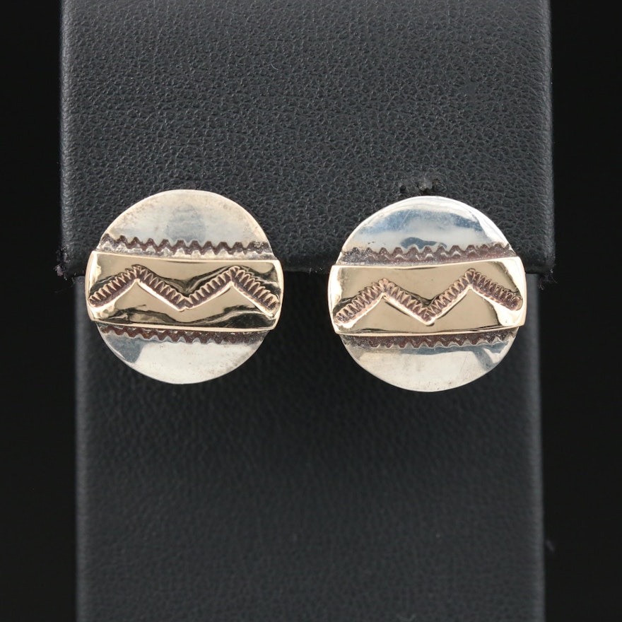 Southwestern Style Sterling Silver Stampwork Button Earrings with 14K Accents
