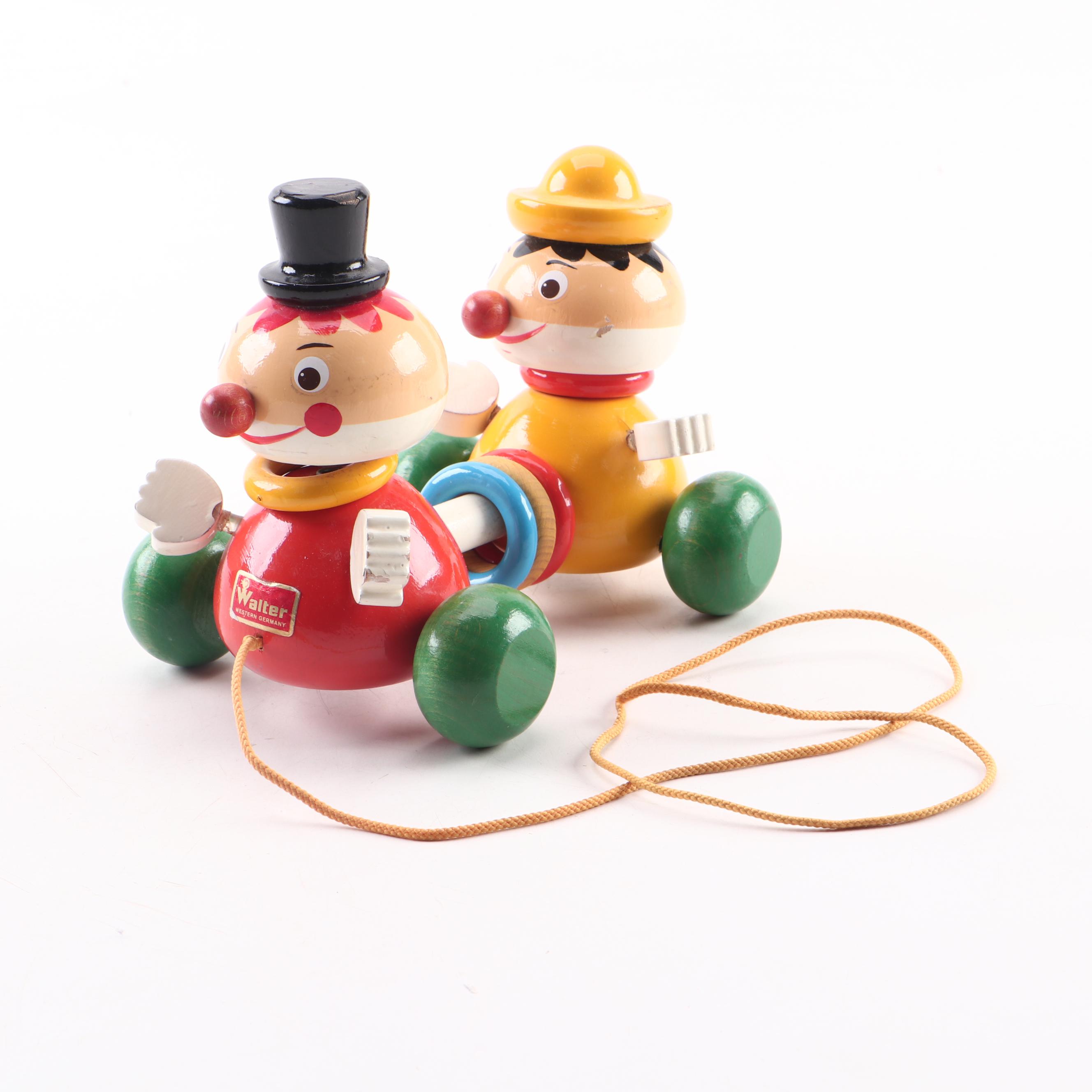 Walter, Schylling, and Fisher Price Pull Toys with "Jalopy" the Clown
