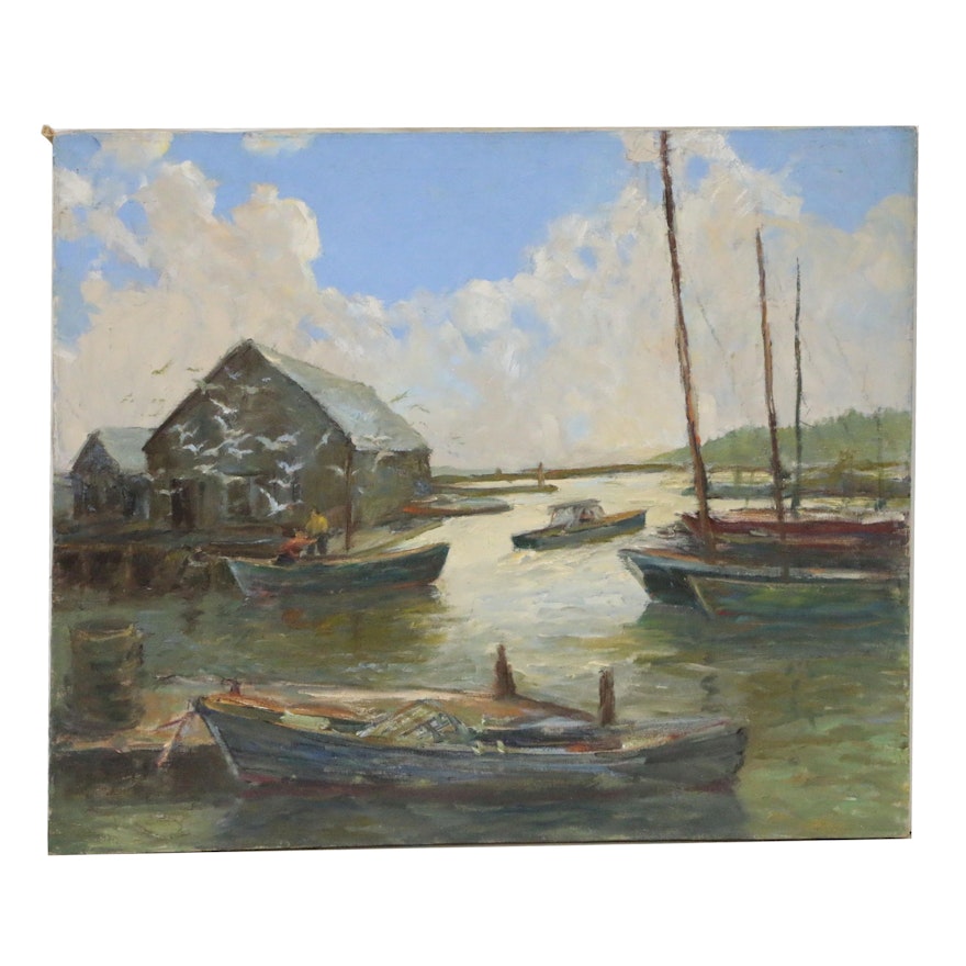 East Coast Harbor Scene Oil Painting, Mid to Late 20th Century