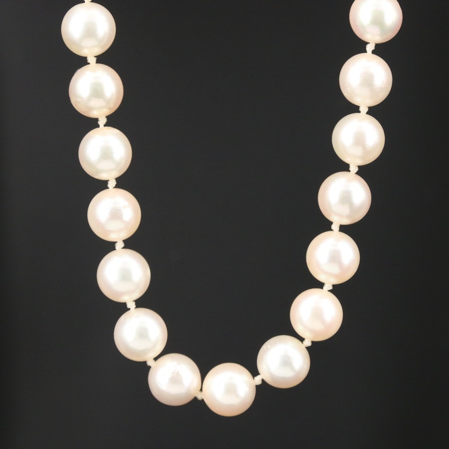 Hand Knotted Cultured Pearl Strand Necklace with 14K Yellow Gold Clasp