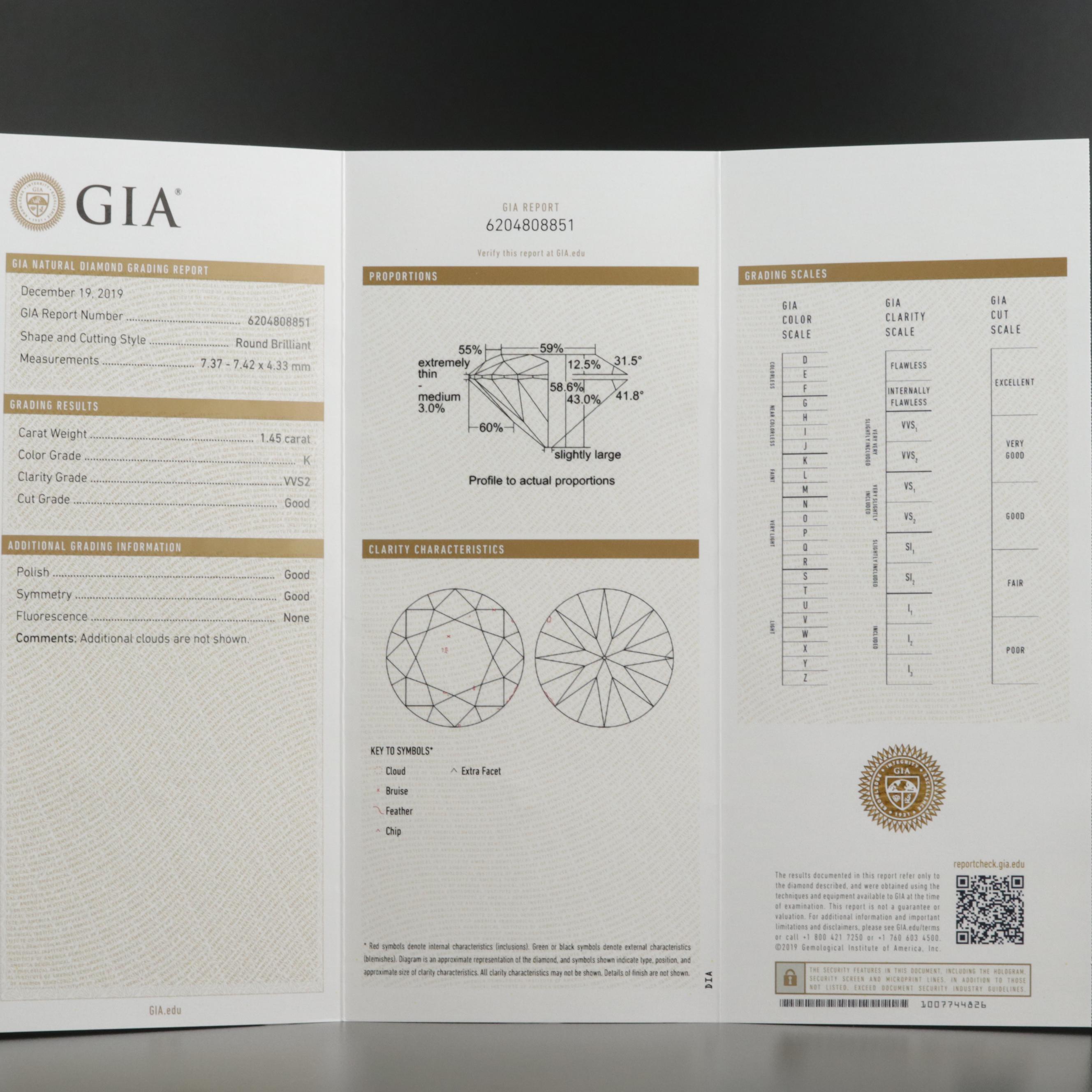 Loose 1.45 CT Diamond Gemstone with GIA Report