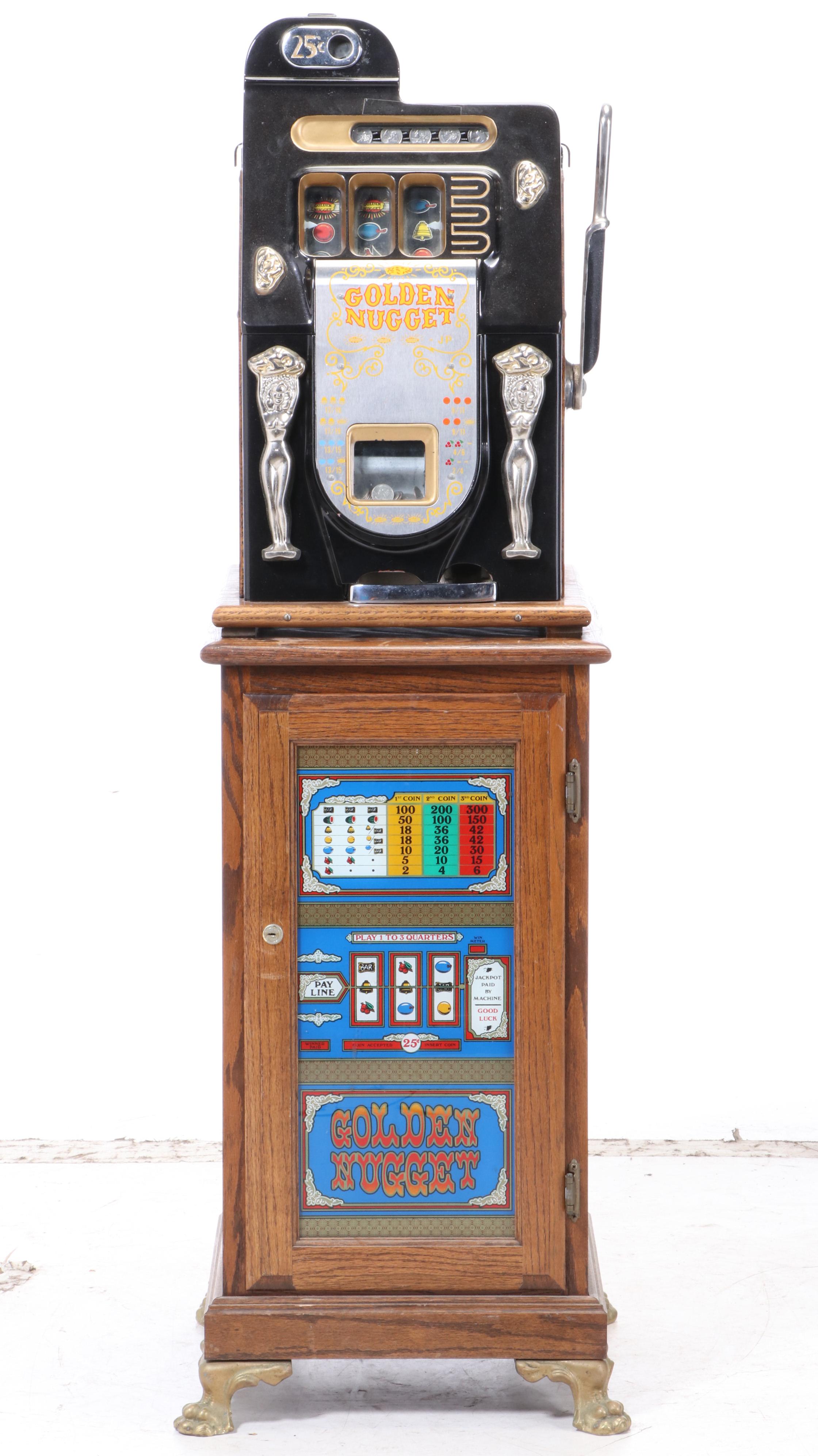 Mills "Golden Nugget" 25 Cent Coin-Operated Slot Machine and Cabinet, Mid-20th C